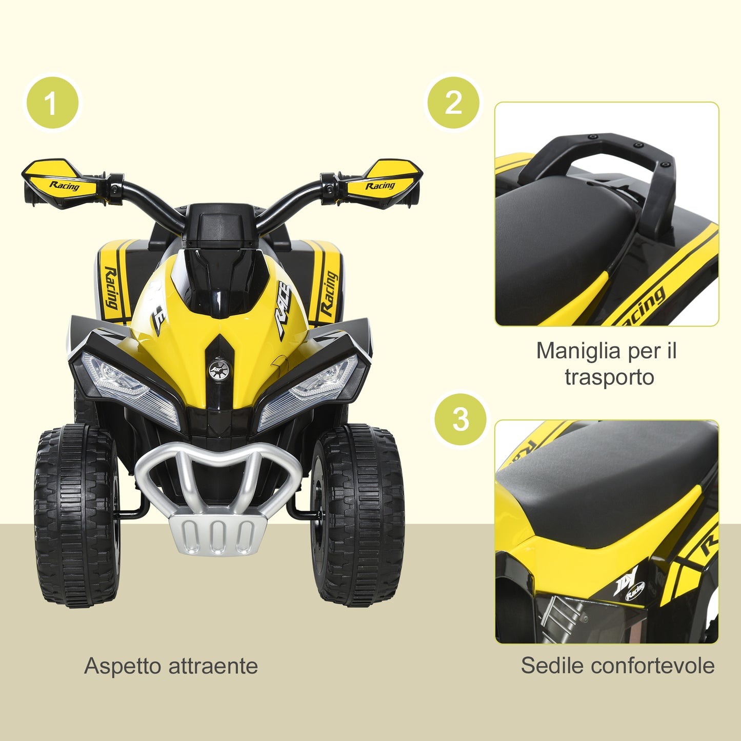 HOMCOM Quad for Children 18-36 Months Manually Pushed with Integrated Wheels, in PP and Metal, 44x67.5x38 cm, Yellow