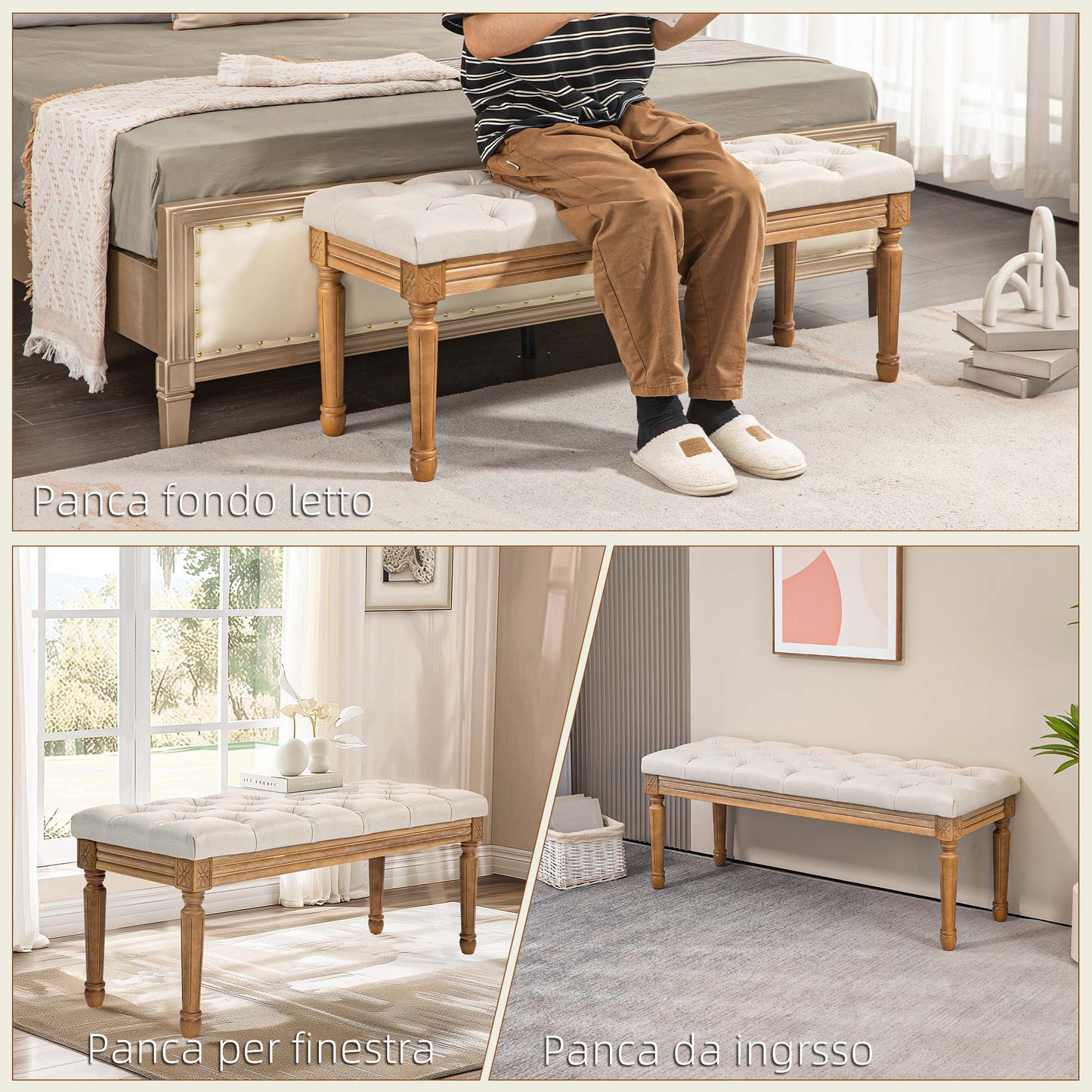 Padded Bed Bench with Button-tufted Seat in Fabric and Wood, 120x41x48cm, Cream