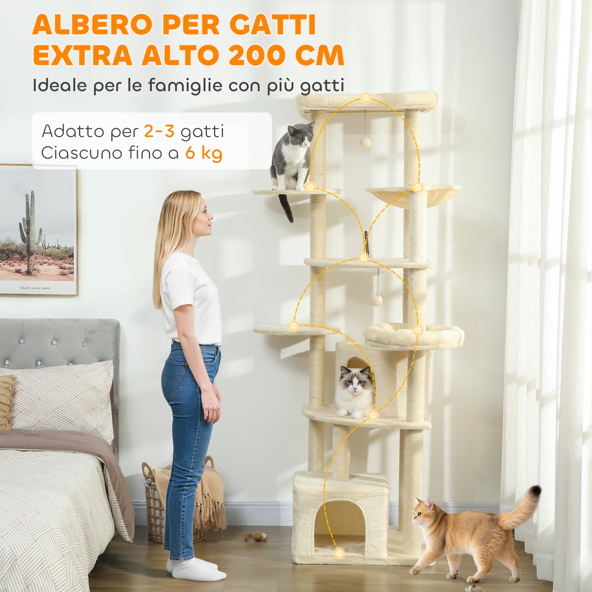 200cm High Multi-Level Cat Tree with 2 Houses, 2 Beds and Hammock, Structure for 2-3 Cats, Beige