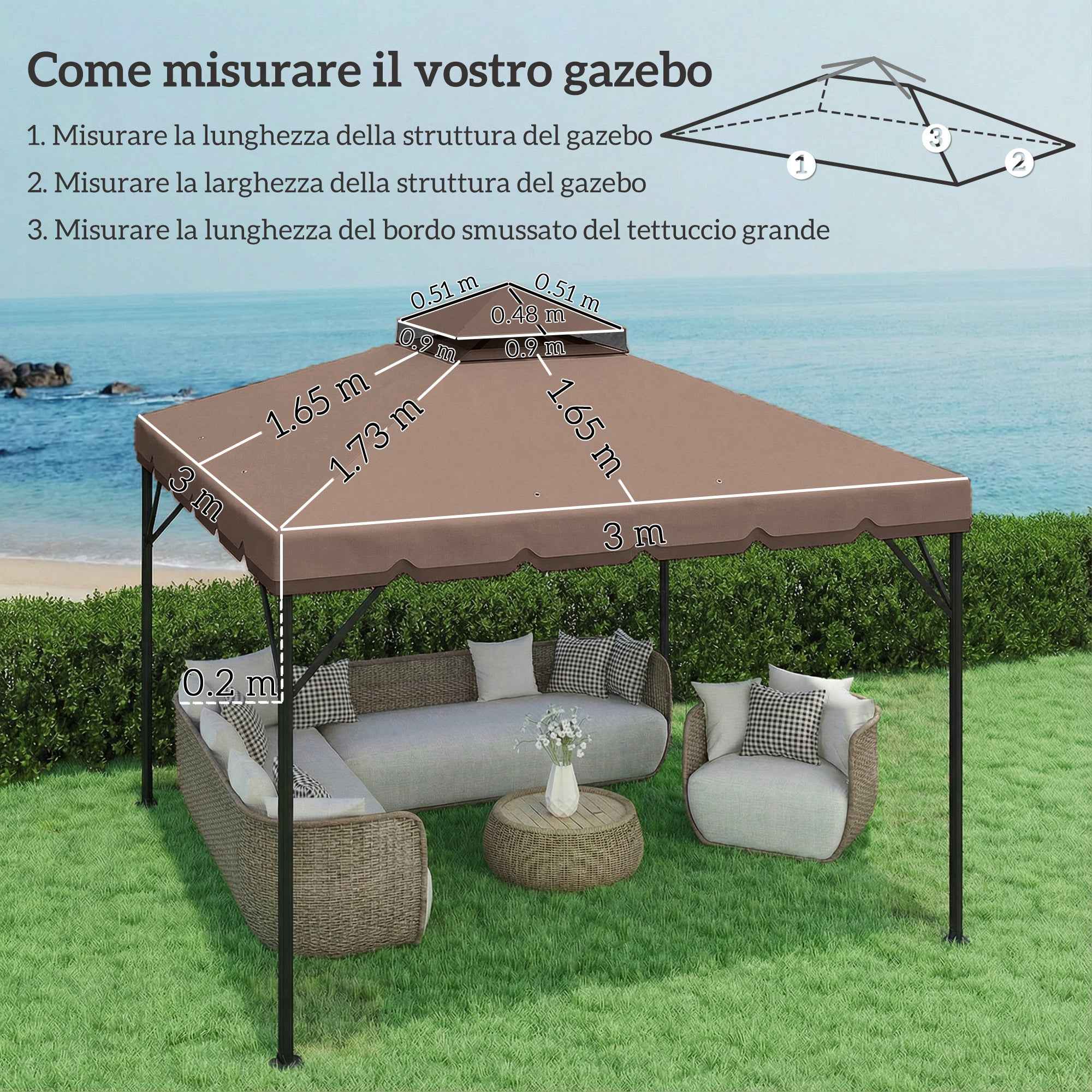 Outsunny 3x3m 2-Tier Gazebo Cover with 8 Drainage Holes, Khaki and Brown Polyester