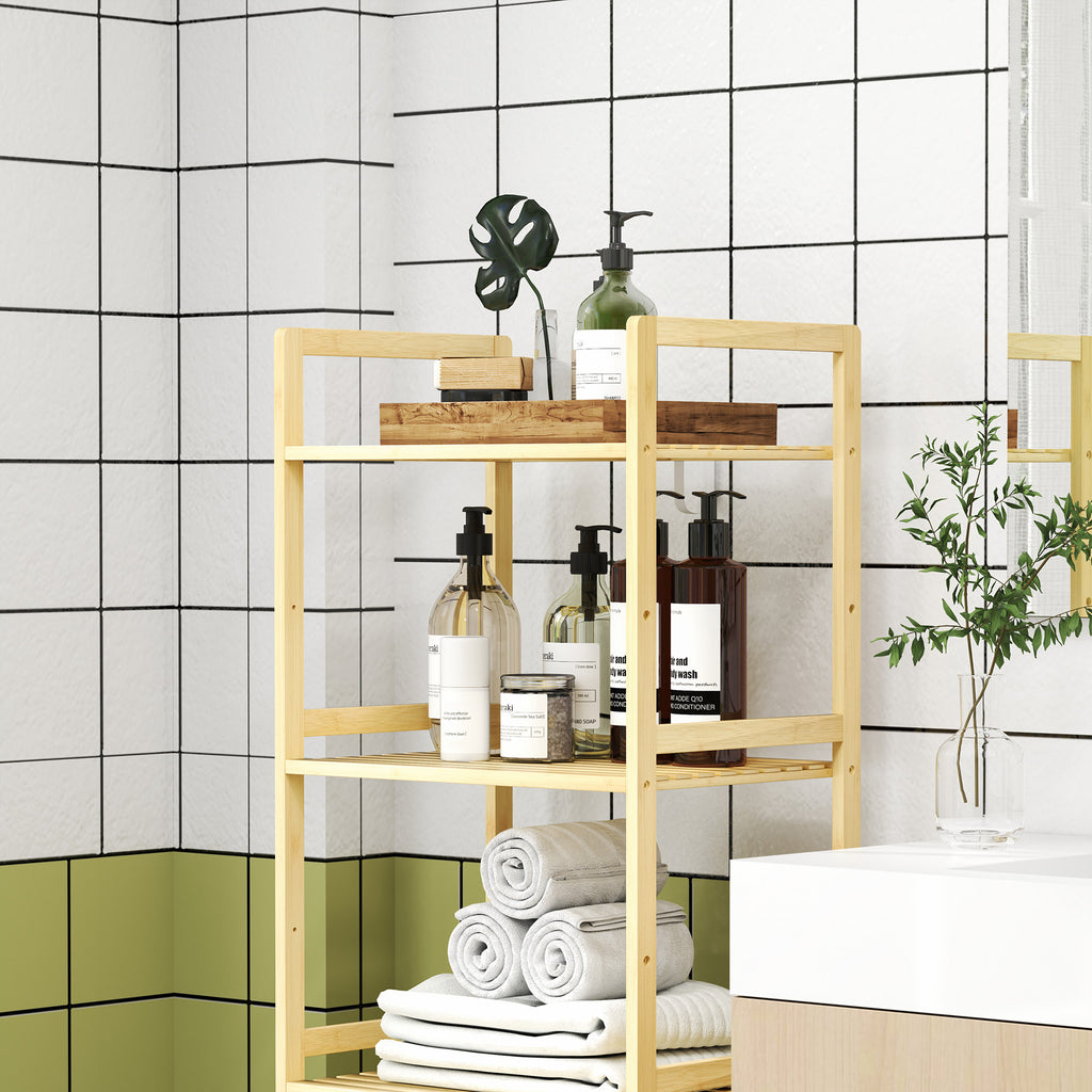Bathroom Shelf with 5 Height-Adjustable Shelves in Bamboo, 43.5x31.5x142 cm, Natural Wood