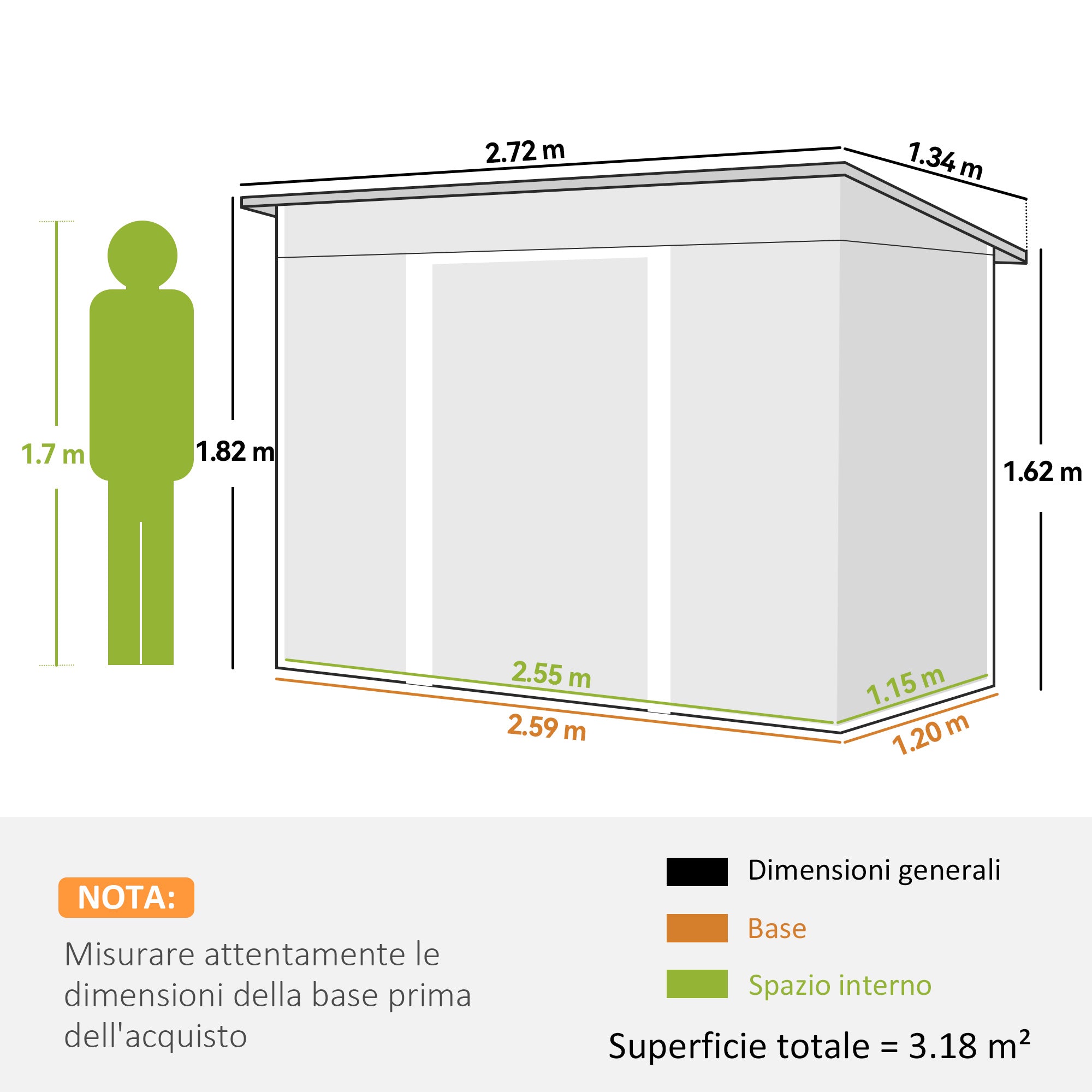 Outsunny Steel Garden Shed 272 x 134 cm with Double Sliding Doors and 2 Vents, Green