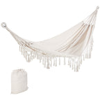 Boho Style Fringe Hanging Canvas Garden Hammock, 288x150cm, 120kg Capacity, Cream