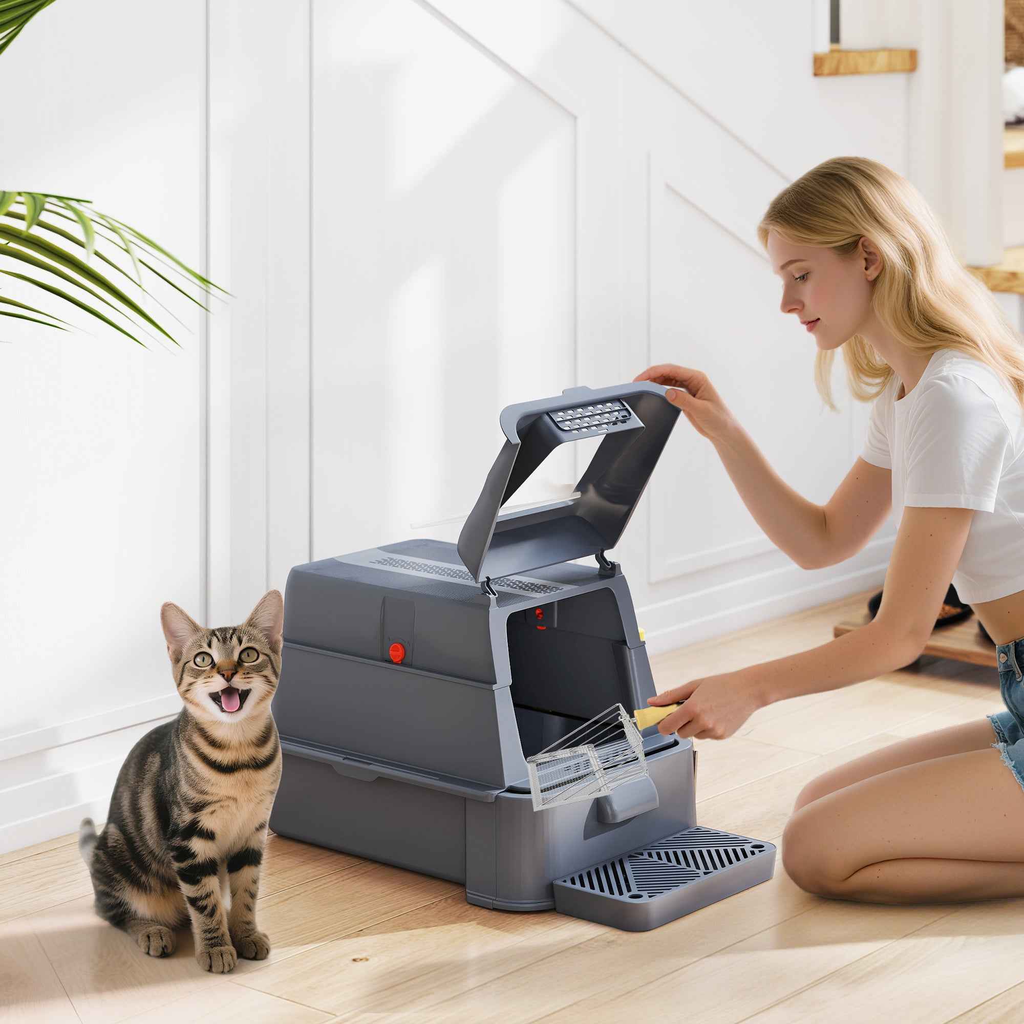 PawHut 80L Enclosed Cat Litter Box with Removable Tray, ABS and Stainless Steel, 63x43x43 cm, Dark Grey