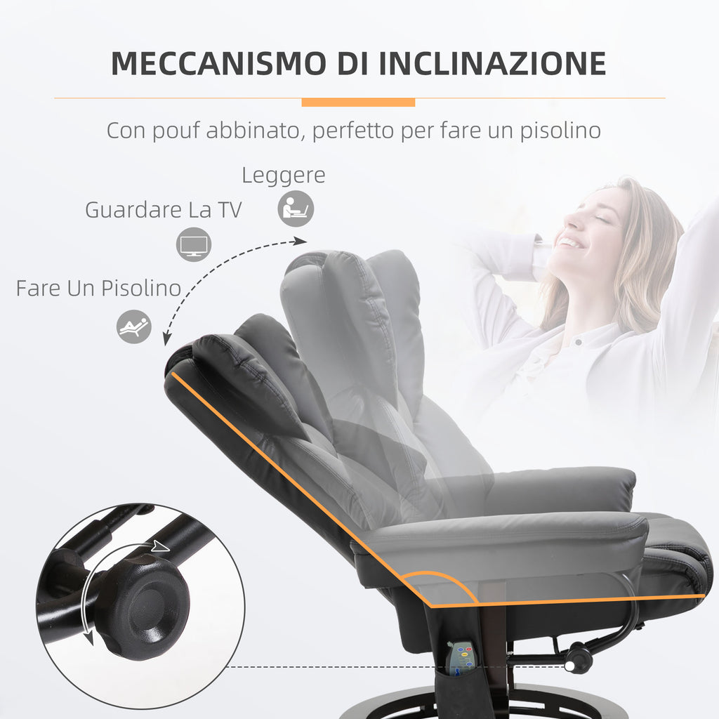 Relaxing Chair with Ottoman, Footrest and Massage Function, 145° Reclining and 360° Swivel, Black