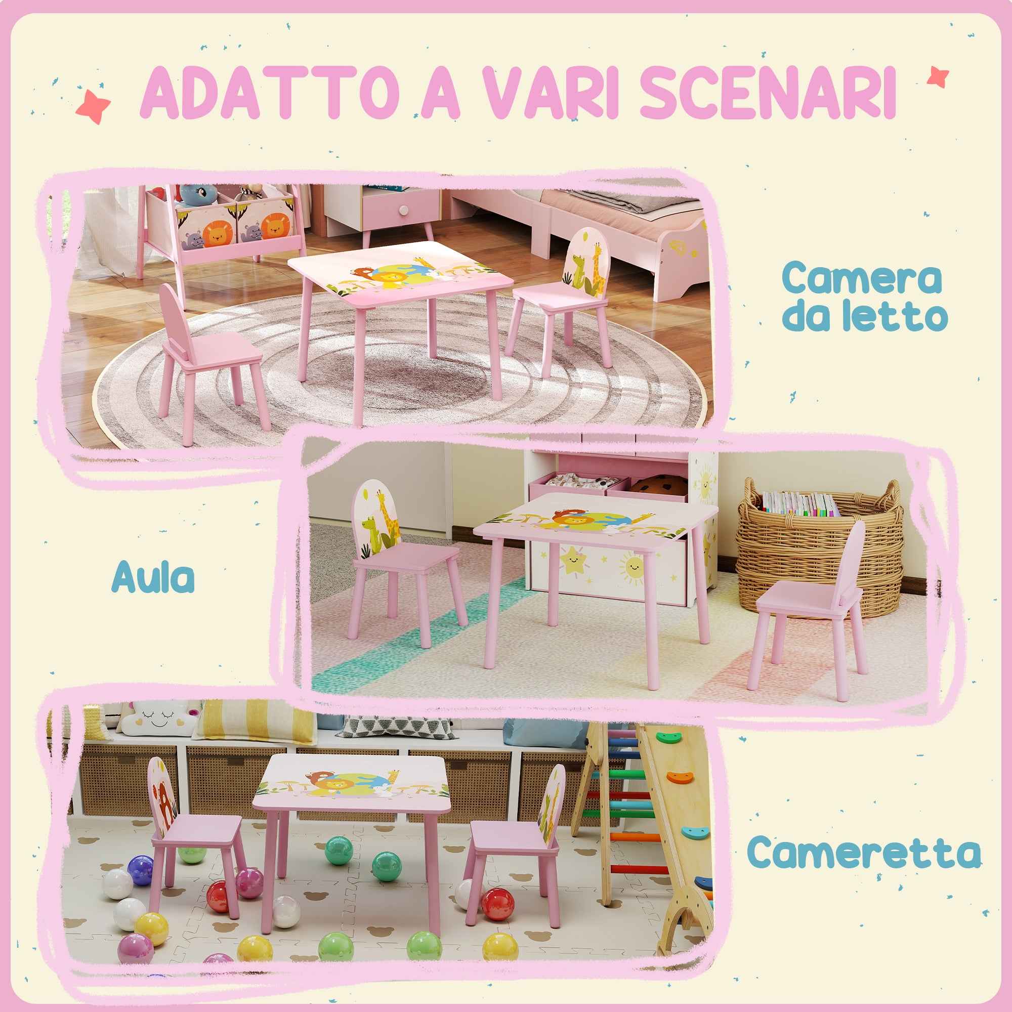 AIYAPLAY Children's Table and Chair Set for 3-8 Years Old with Animal Patterns and Rounded Edges, in MDF and Pink Pine Wood