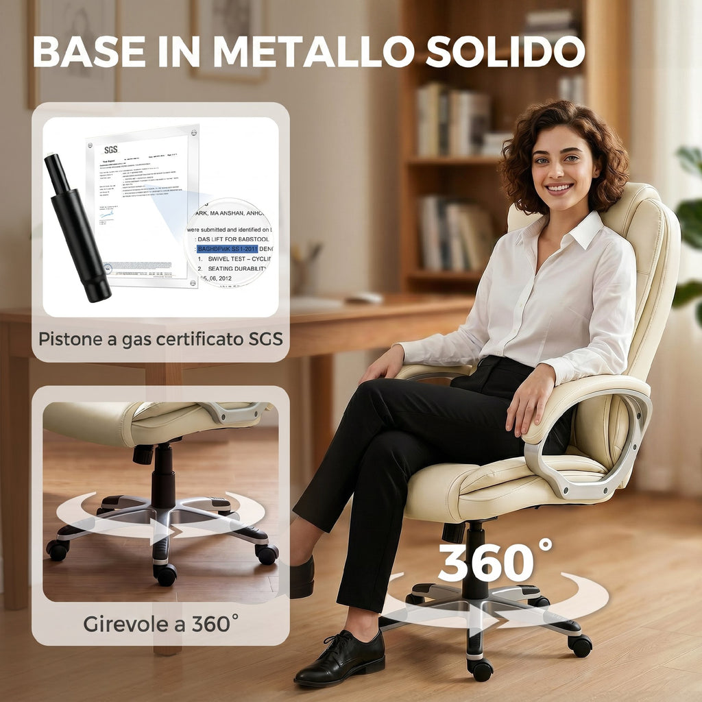 HOMCOM PU Leather Swivel Office Chair with Rocking, High Backrest and Adjustable Height, Beige