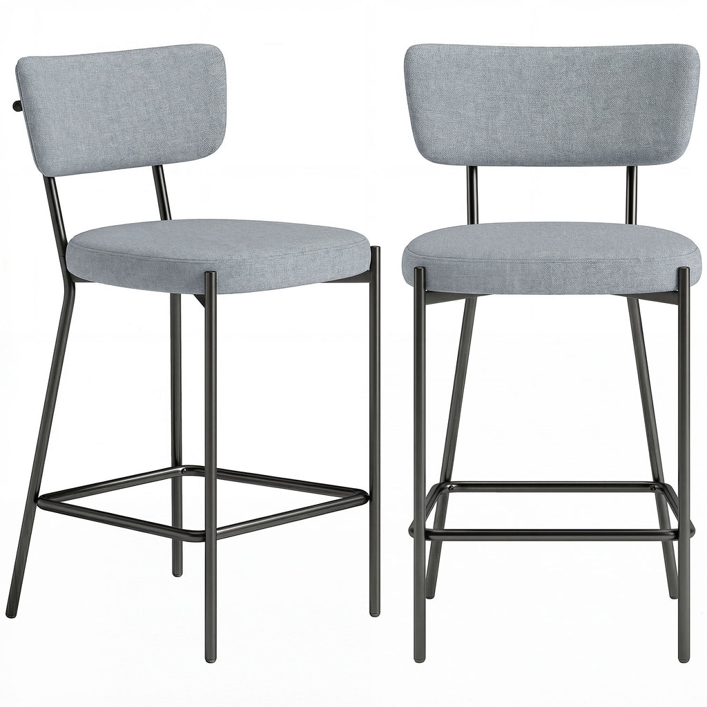 Set of 2 Bar Stools with Backrest and Footrest in Metal and Fabric, Light Grey