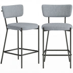 Set of 2 Bar Stools with Backrest and Footrest in Metal and Fabric, Light Grey