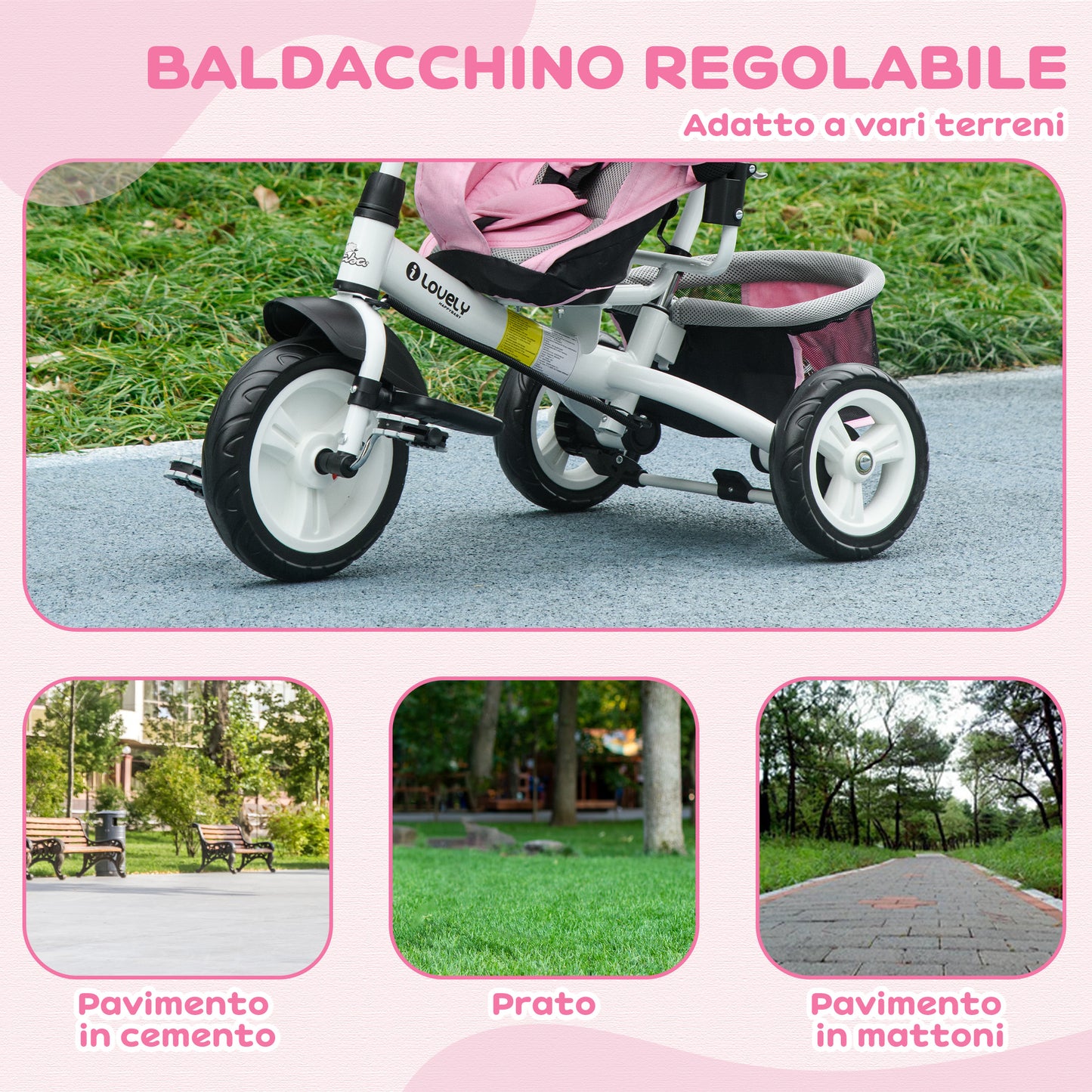 HOMCOM Tricycle for Children 1-5 Years with Handle and Adjustable Canopy, 102x49x102 cm, White and Pink - Borgè