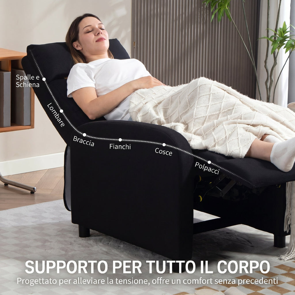 HOMCOM 155° Max Reclining Chair in Grey Linen Effect Fabric with Footrest, 67x87x98 cm, Black
