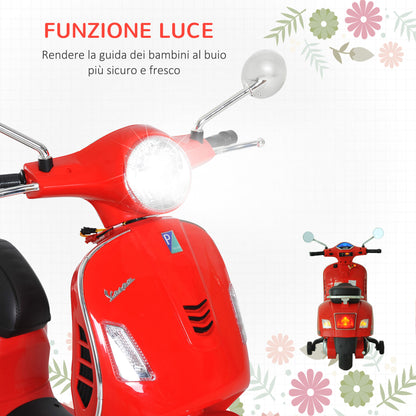 Electric Motorcycle for Kids Vespa Design, 6V Battery with Sounds and Lights, Ages 3-6 Years, Red