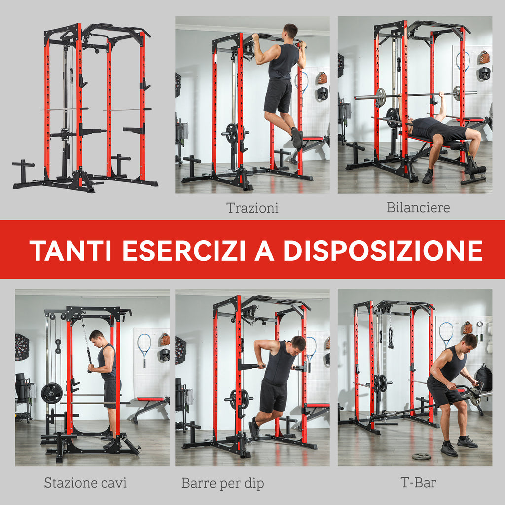 Fitness Station with Barbell Support and Pull-Up and Dip Bar, in Steel, 191x153x205 cm, Red and Black