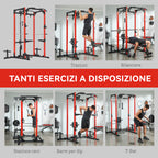 Fitness Station with Barbell Support and Pull-Up and Dip Bar, in Steel, 191x153x205 cm, Red and Black
