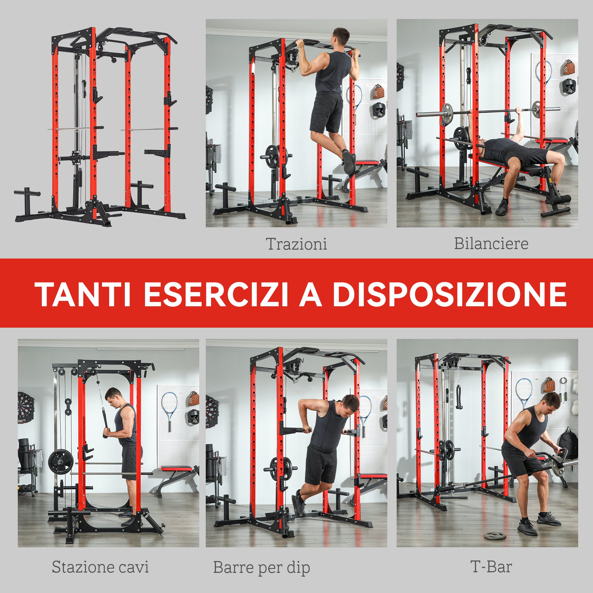 Fitness Station with Barbell Support and Pull-Up and Dip Bar, in Steel, 191x153x205 cm, Red and Black