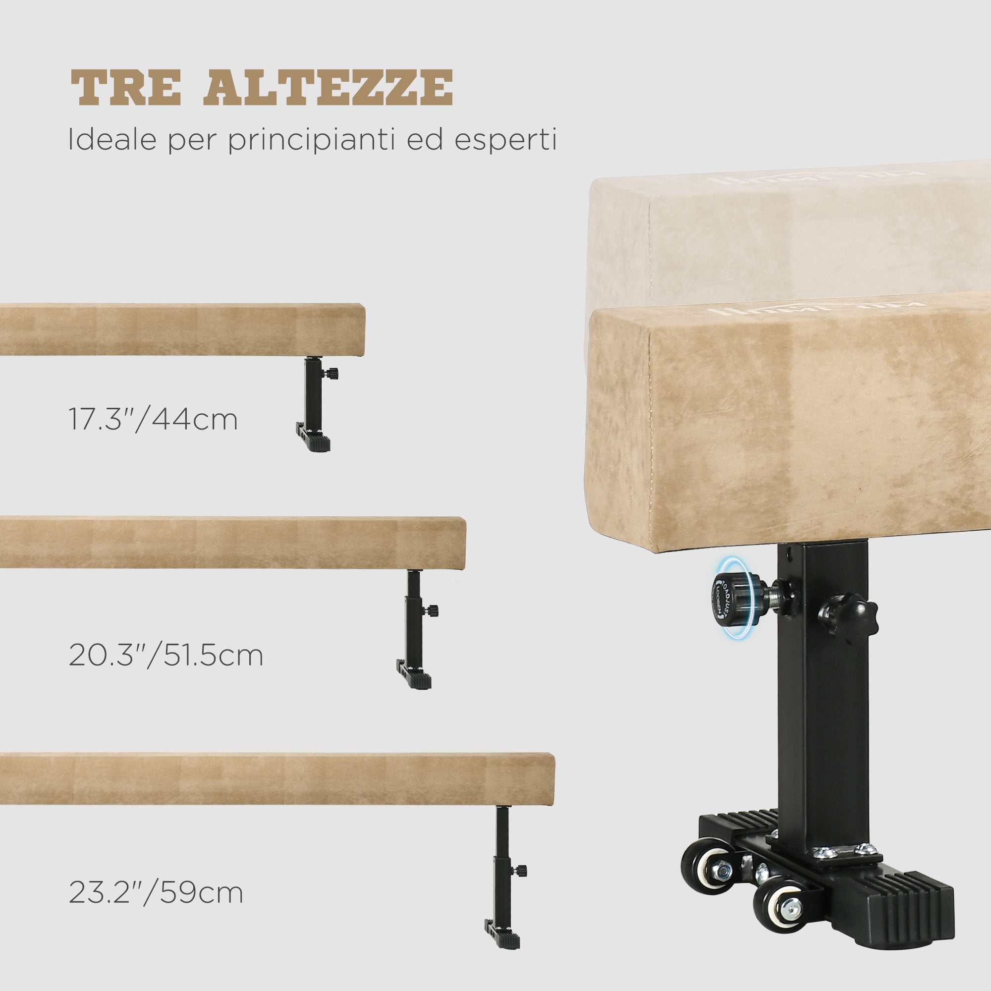 Gymnastics Beam with Adjustable Height and Non-Slip Feet, 226x31x59cm, Brown