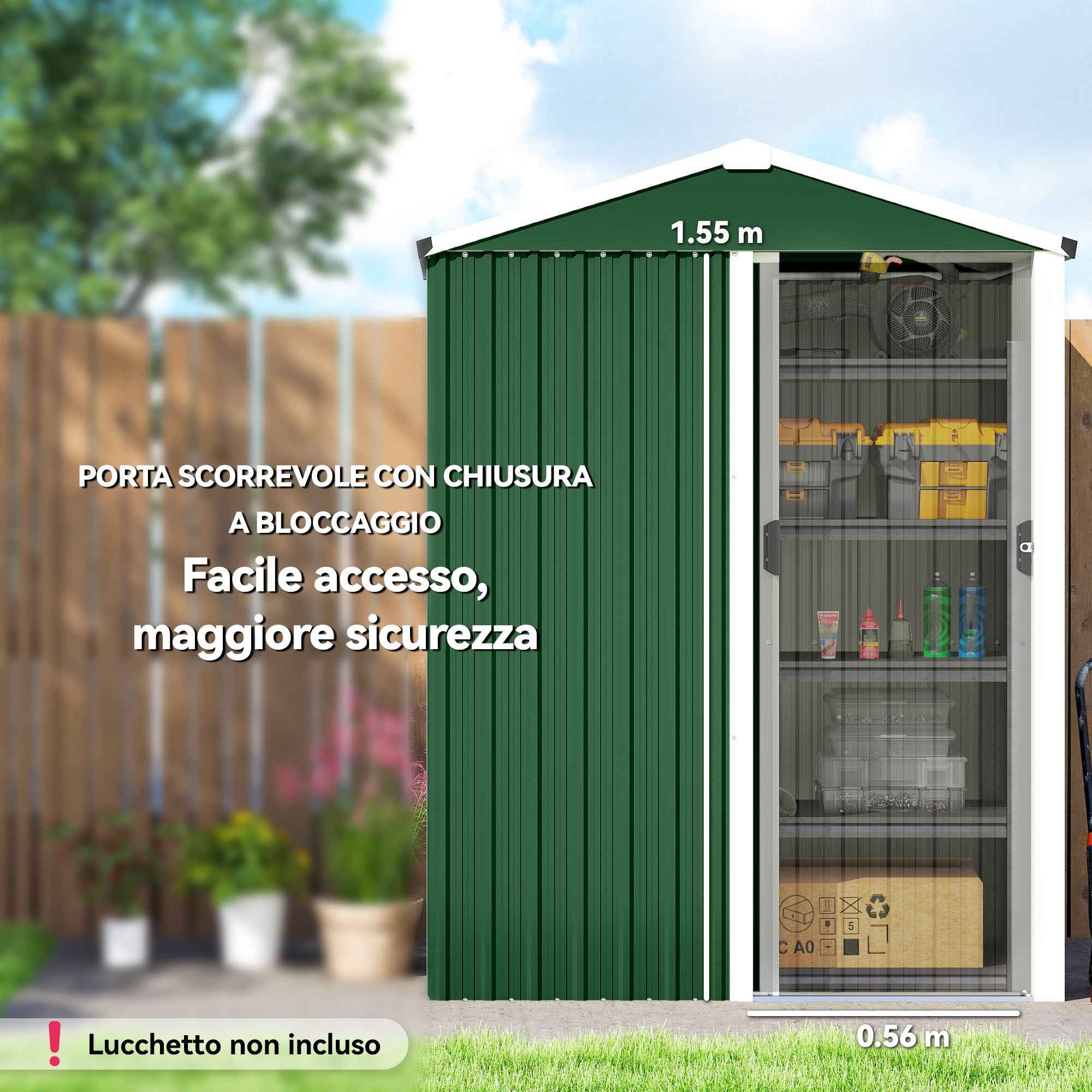Outsunny 1.1m² Steel Garden Shed with Lockable Sliding Door, 136x87x179cm, Green