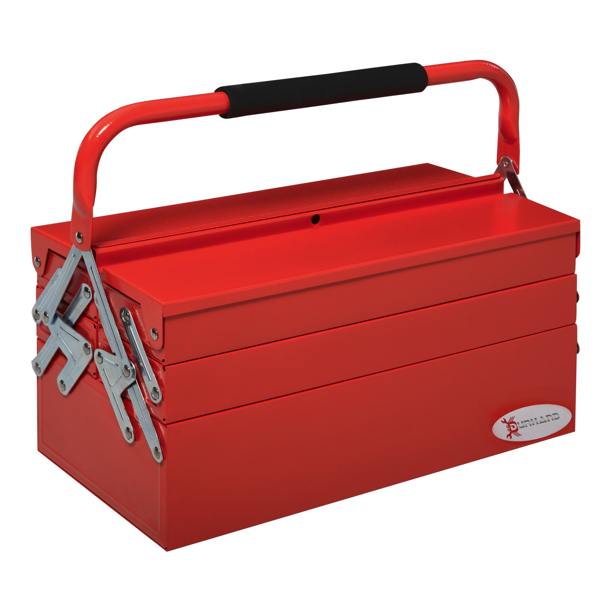Folding Metal Tool Box with 5 Trays, 3 Shelves, Red