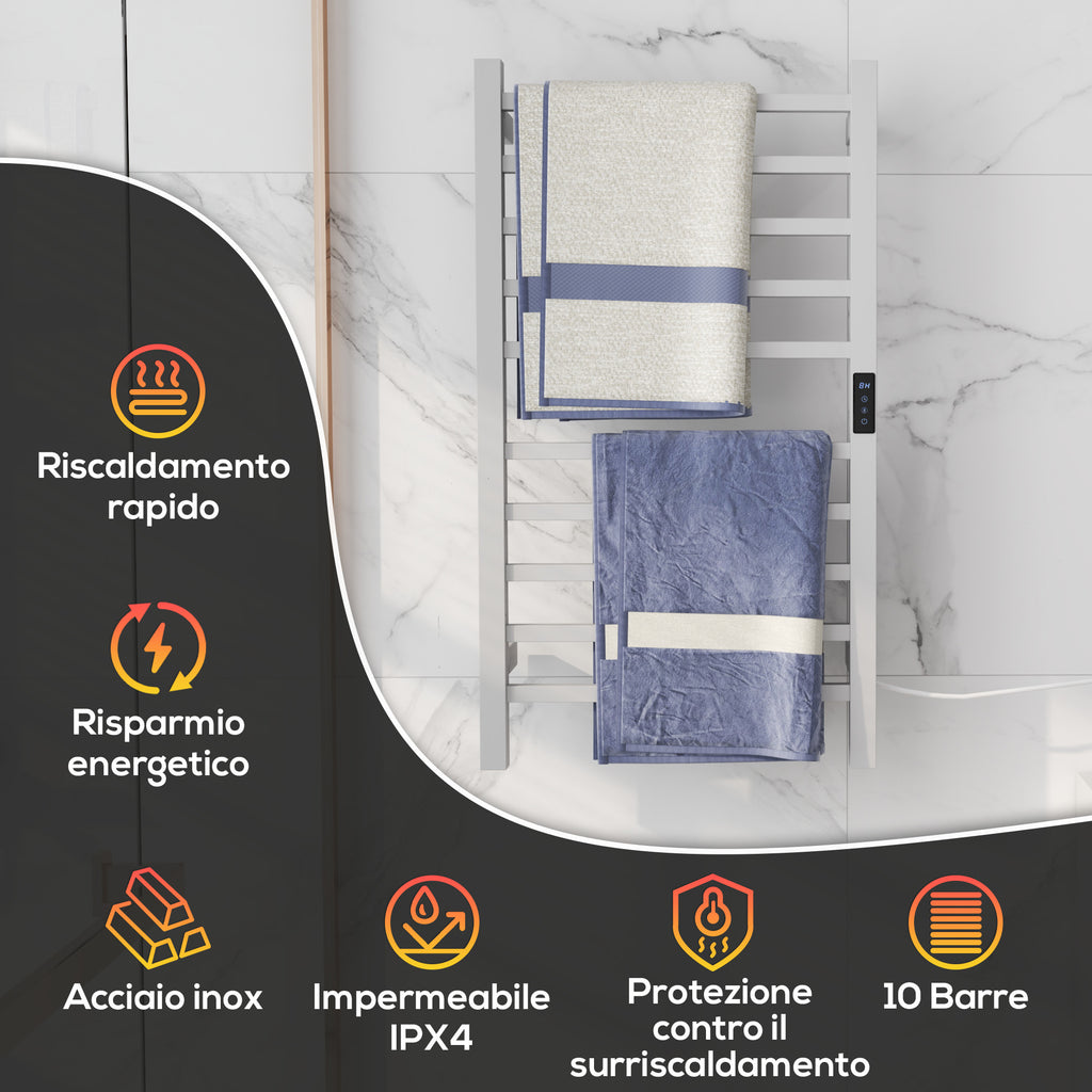Smart 10-Bar Electric Towel Warmer with Timer and LCD Display, Stainless Steel, 45x11x80 cm, White
