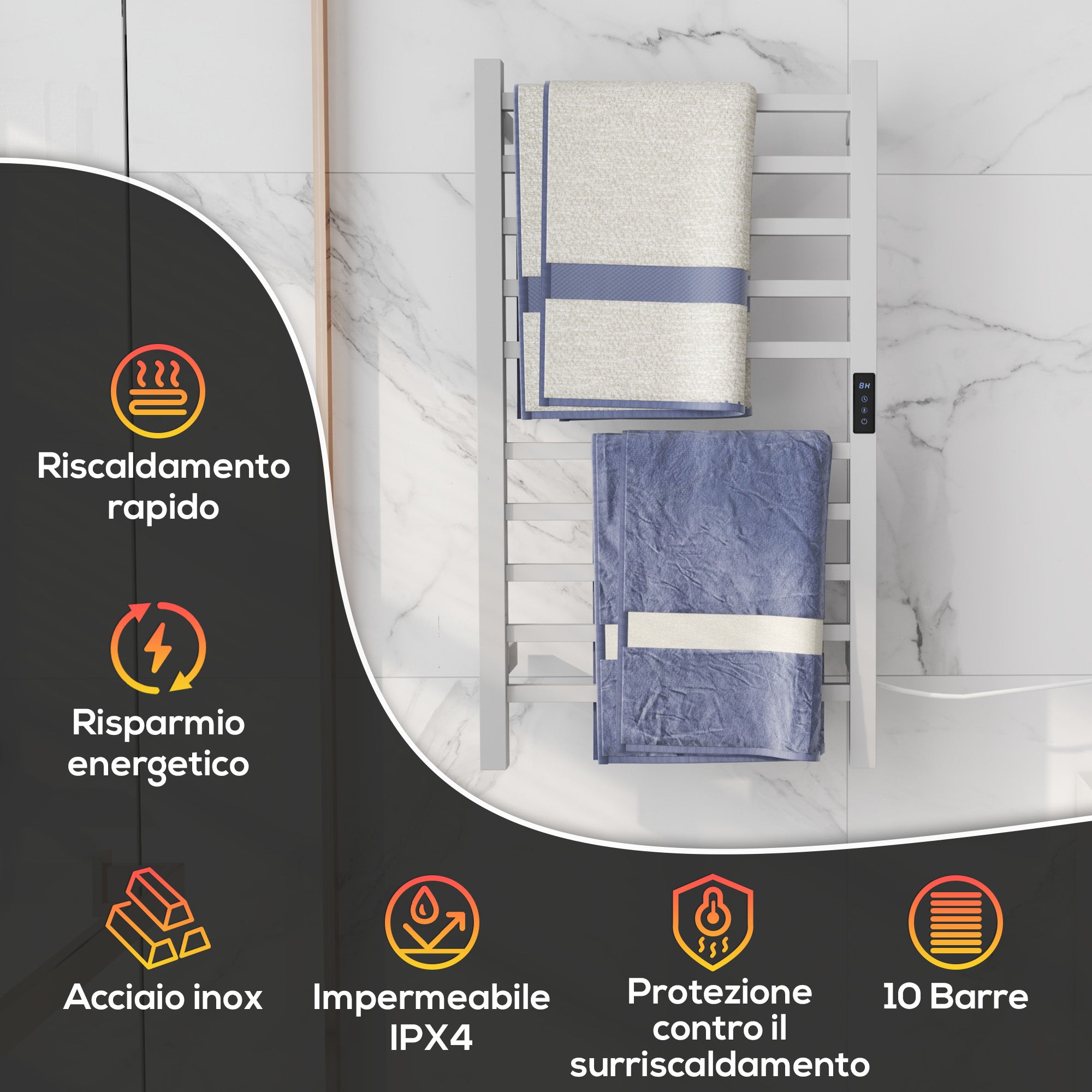 Smart 10-Bar Electric Towel Warmer with Timer and LCD Display, Stainless Steel, 45x11x80 cm, White