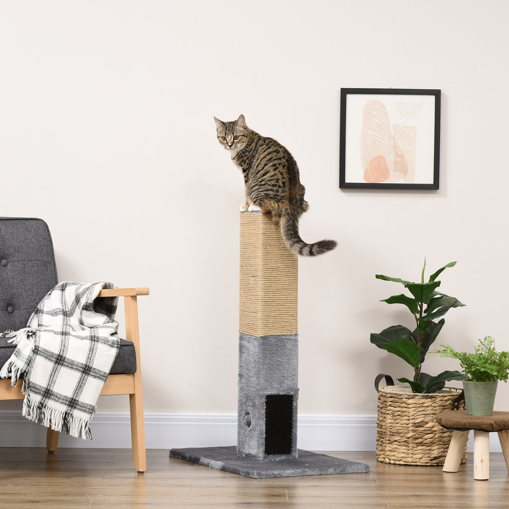 Scratching Post Tree for Cats with 2 Toy Balls and Brush, in Wood, Jute and Plush, 59.5x39x79 cm, Gray