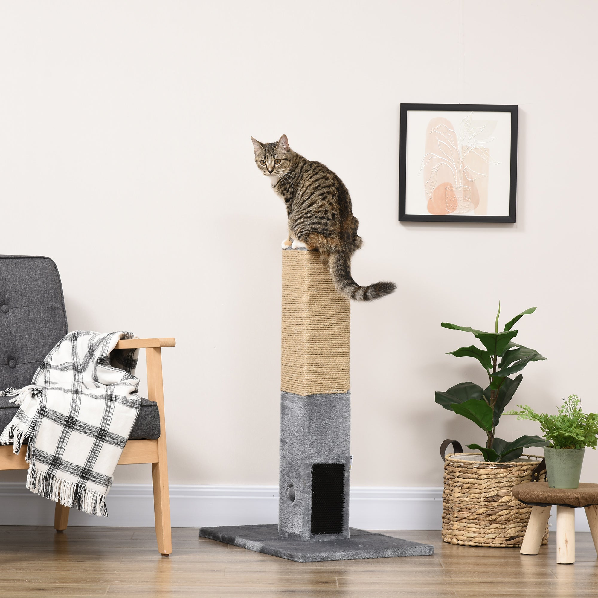 Scratching Post Tree for Cats with 2 Toy Balls and Brush, in Wood, Jute and Plush, 59.5x39x79 cm, Gray