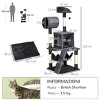Cat Tree with Cat Scratching Post, Cat House, Hammock, Bed, Tunnel and Ball, 48x48 x125 cm, Dark Grey - Borge' Group Limited