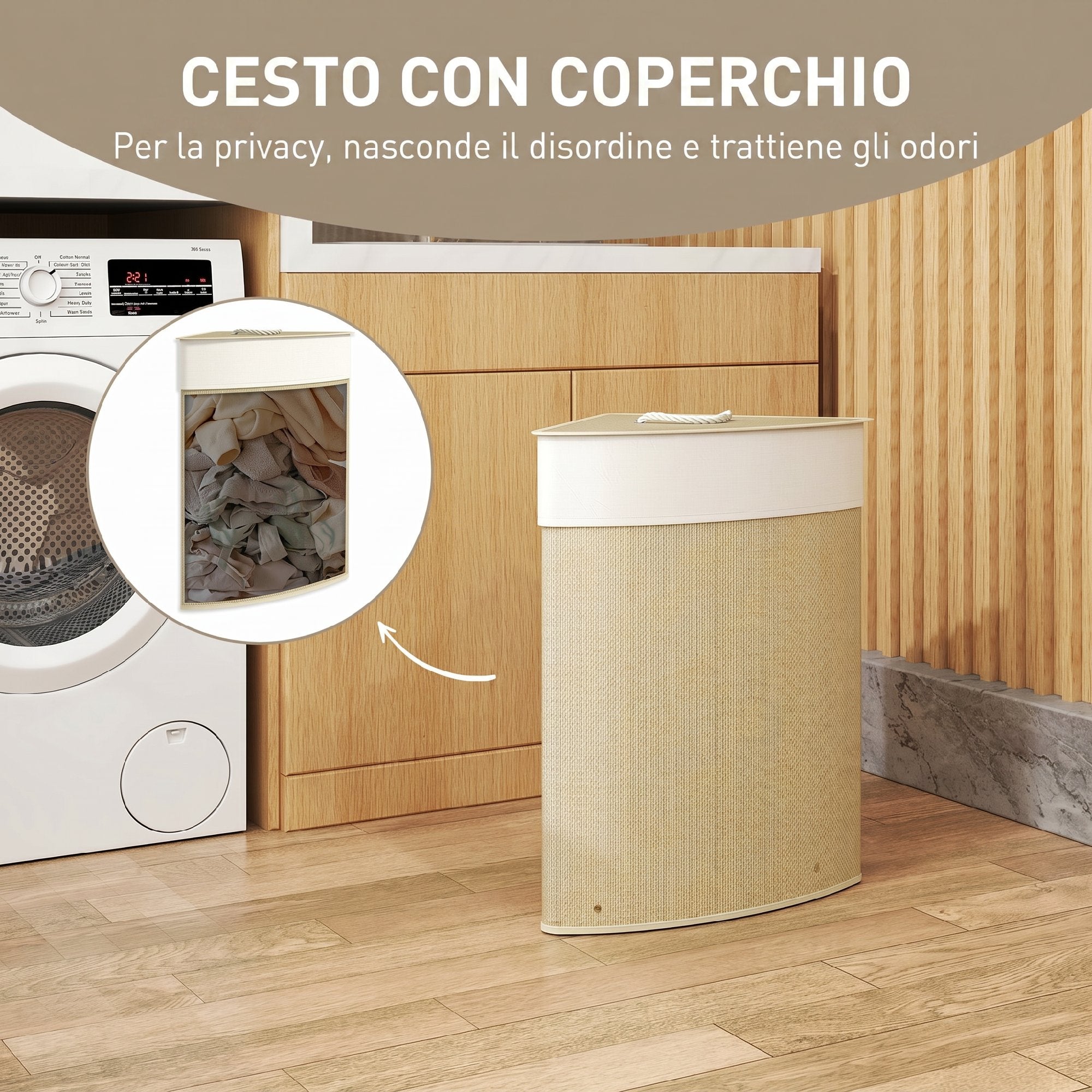 HOMCOM 55L Corner Laundry Hamper with Removable Bag and Removable Lid, Bamboo, 35x35x60 cm, Wood Color