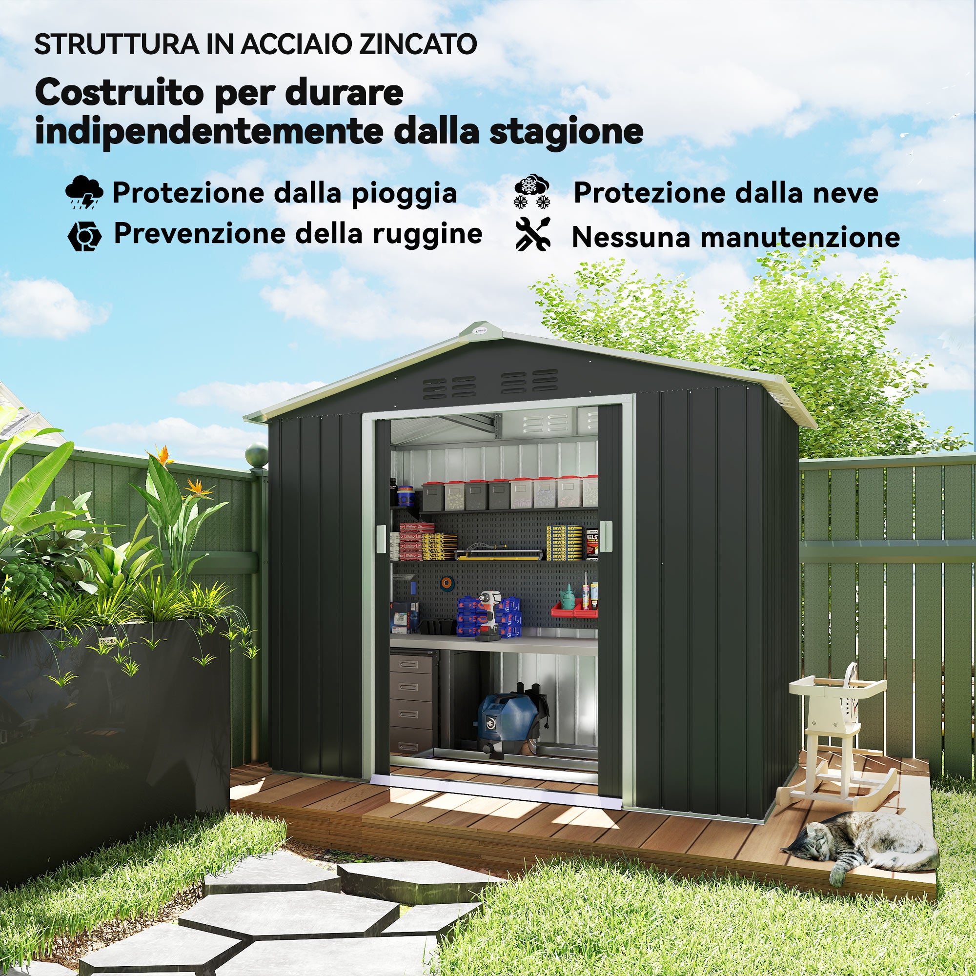 Metal Garden Shed with Air Vents and Double Sliding Door, 277x195x192 cm, Dark Grey
