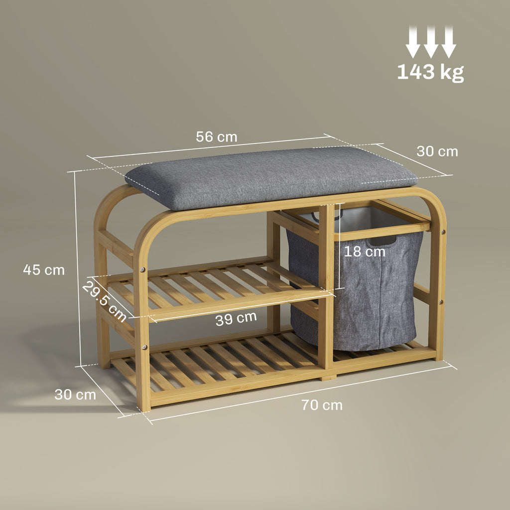 Entrance Shoe Rack Bench with Padded Seat, Slatted Design and Removable Basket, 70x30x45 cm, Wood