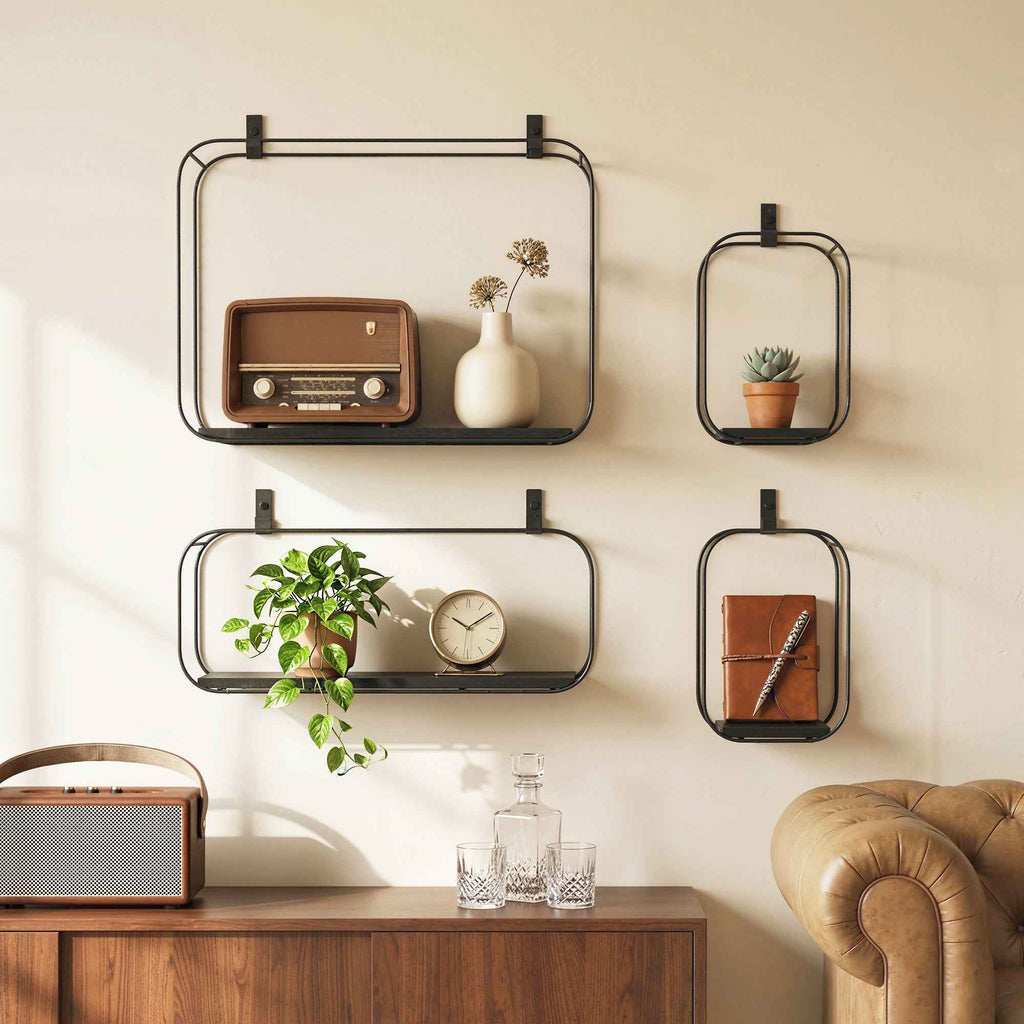 HOMCOM Geometric Floating Shelves for Living Room, Set of 4, Black