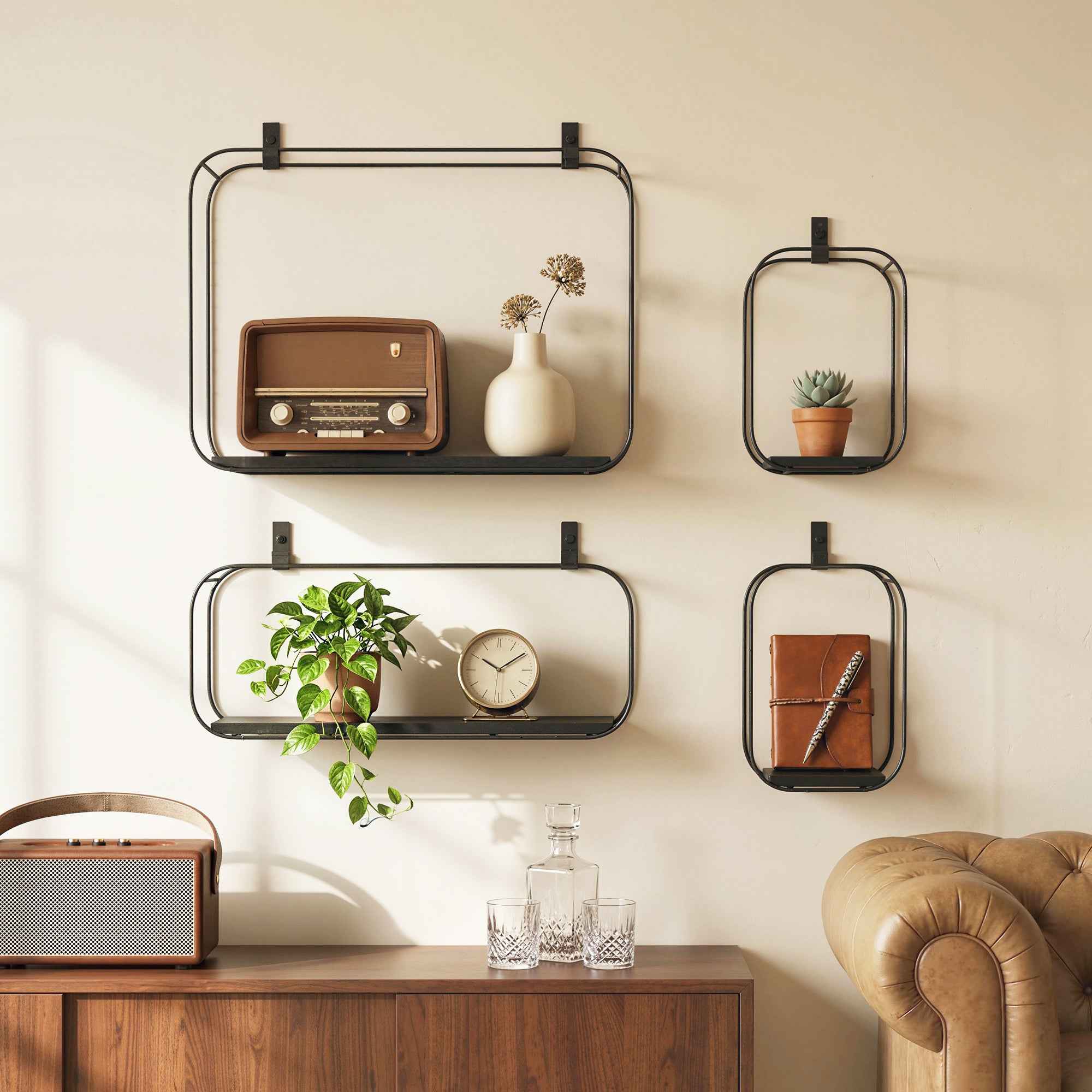 HOMCOM Geometric Floating Shelves for Living Room, Set of 4, Black