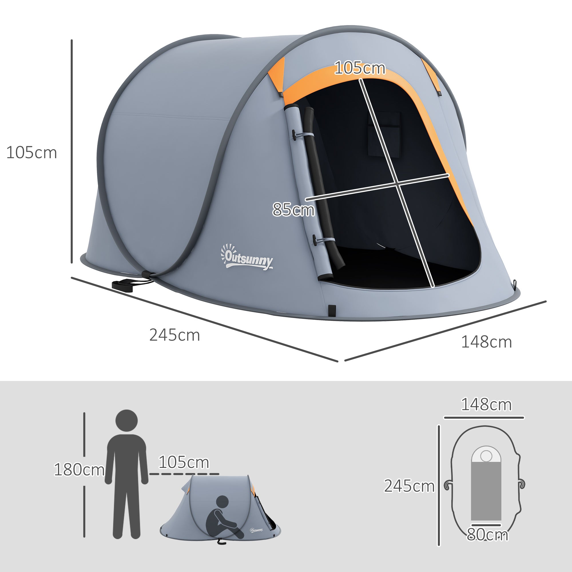 Waterproof Pop Up Camping Tent with Accessories and Transport Bag, 245x148x105 cm, Grey