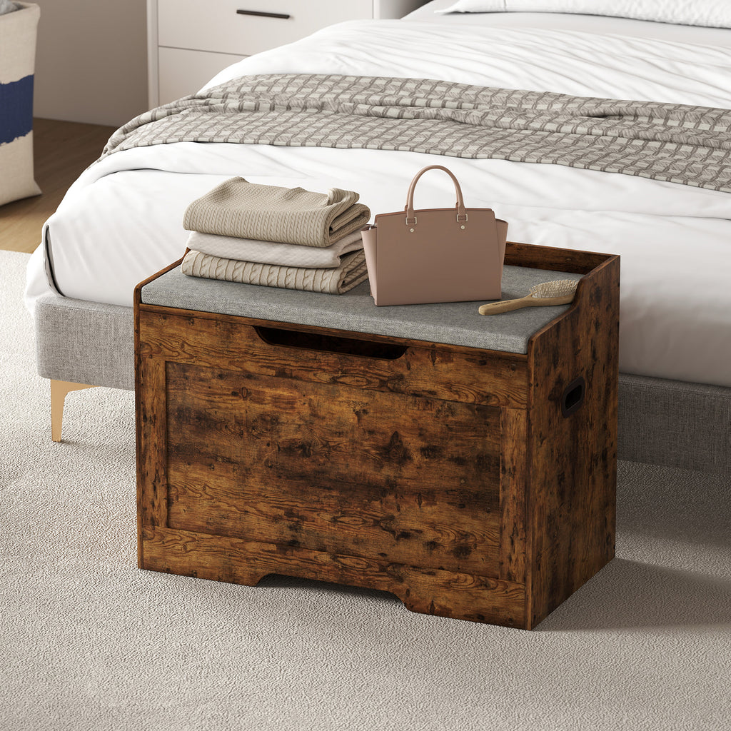 103L Multifunctional Storage Bench in Wood with Grey Fabric Cushion, 75x40x56 cm