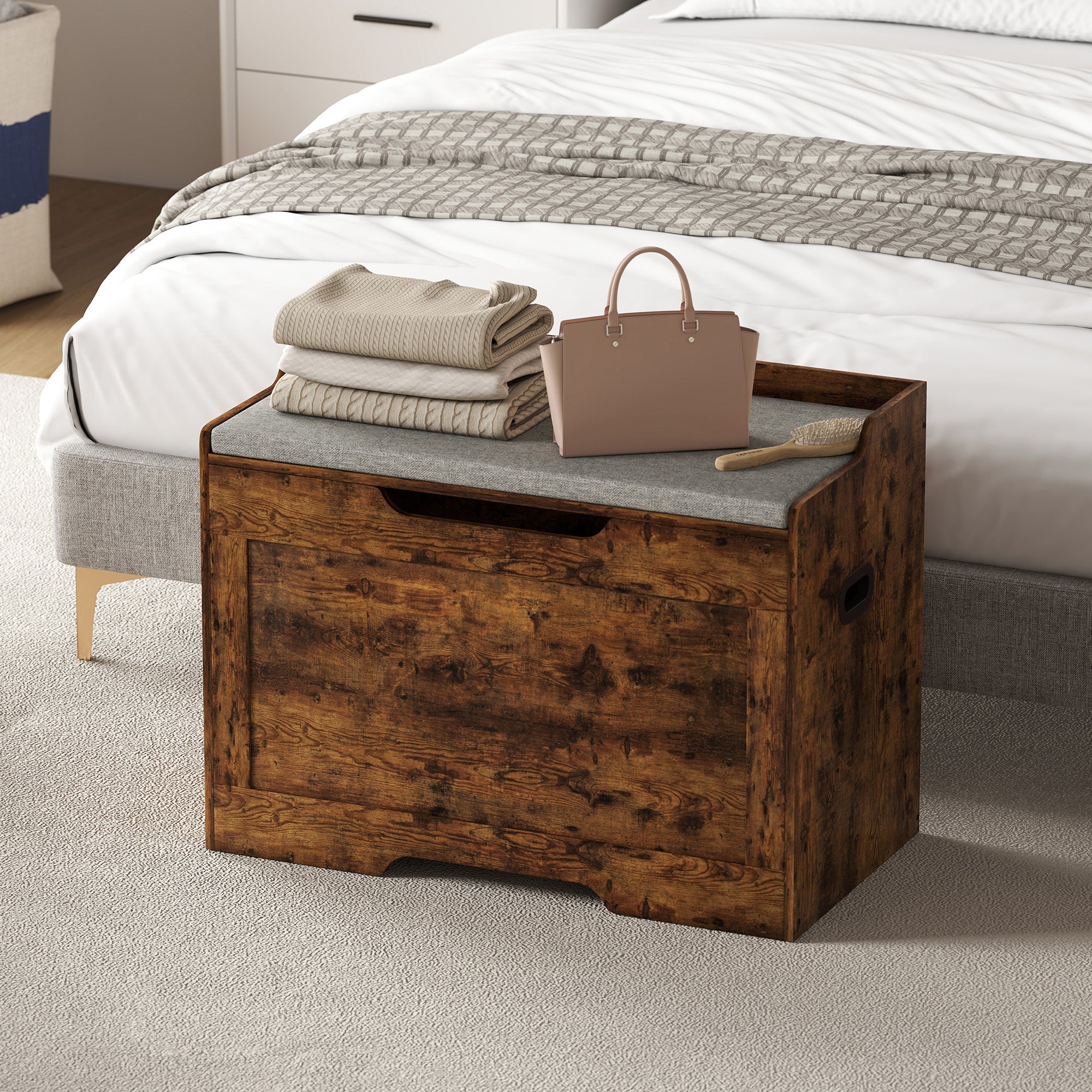 103L Multifunctional Storage Bench in Wood with Grey Fabric Cushion, 75x40x56 cm