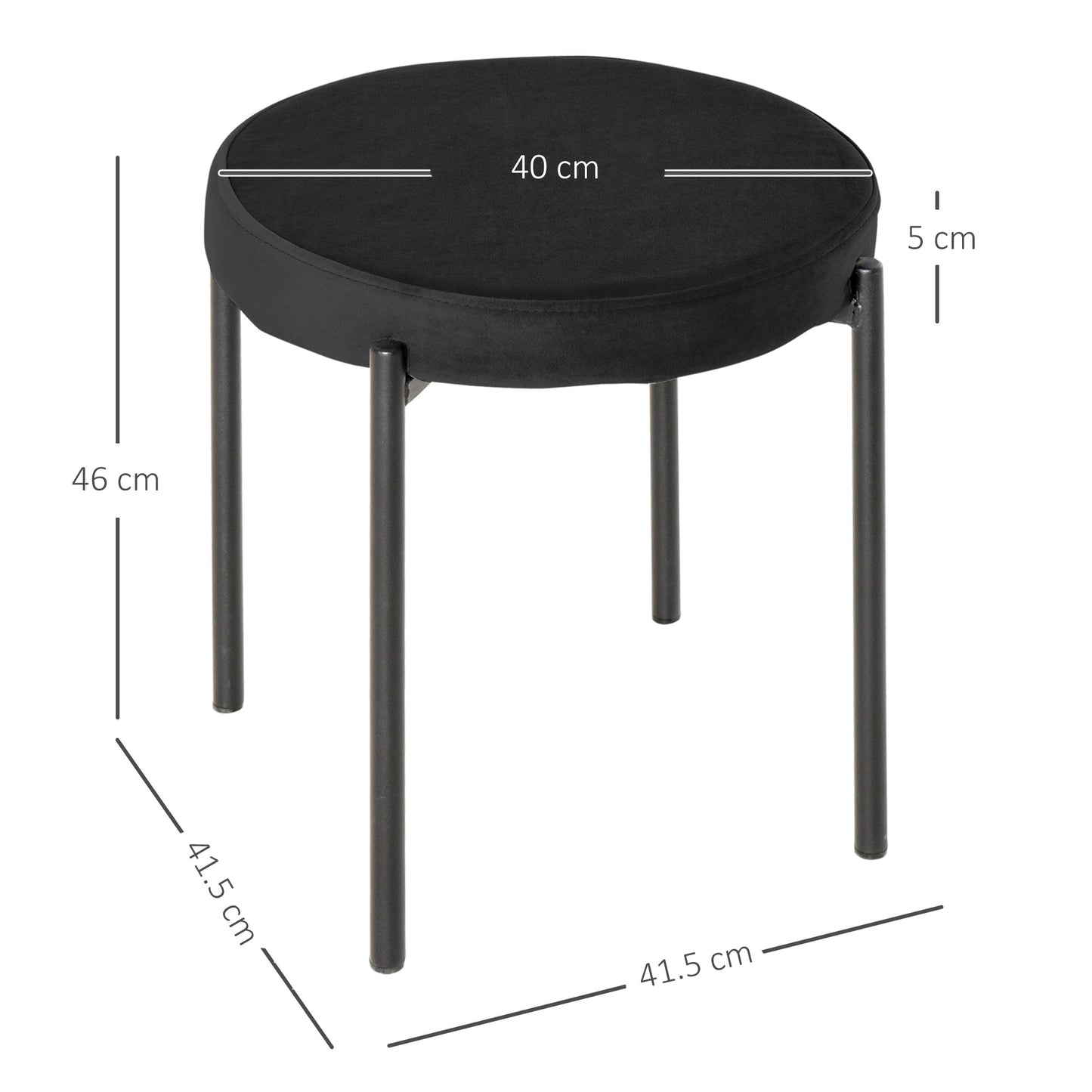 Set of 4 Low Round Stools in Metal and Velvet Effect Fabric, 41.5x41.5x46 cm, Black