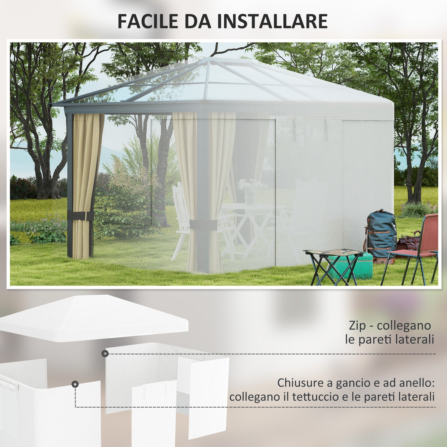 3x3 m Waterproof PE Gazebo Cover with Hinged Doors and Windows, White. (COVER ONLY) - Borgè