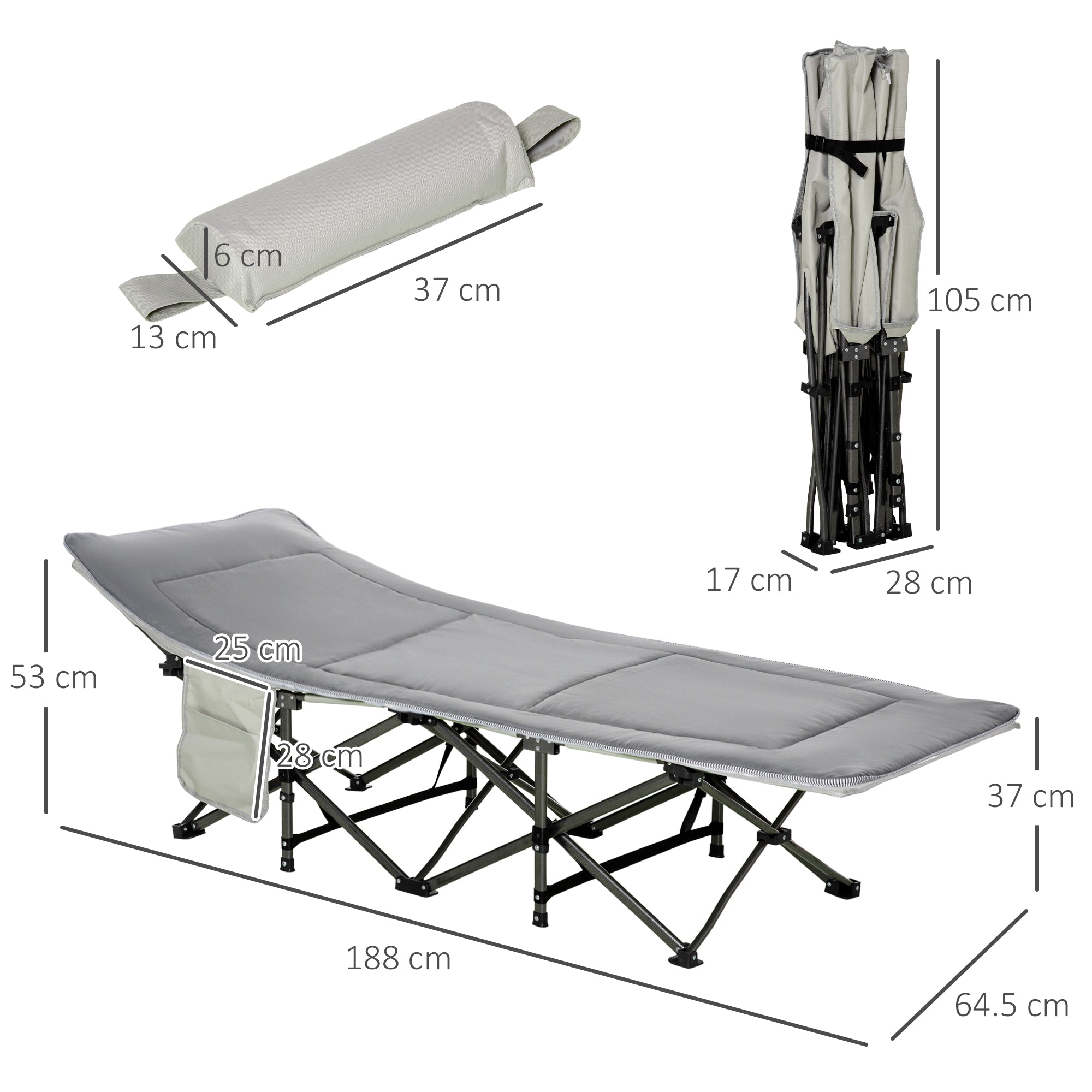 Folding and Padded Camping Cot with Storage Pocket, 188x64.5x53 cm, Light Gray