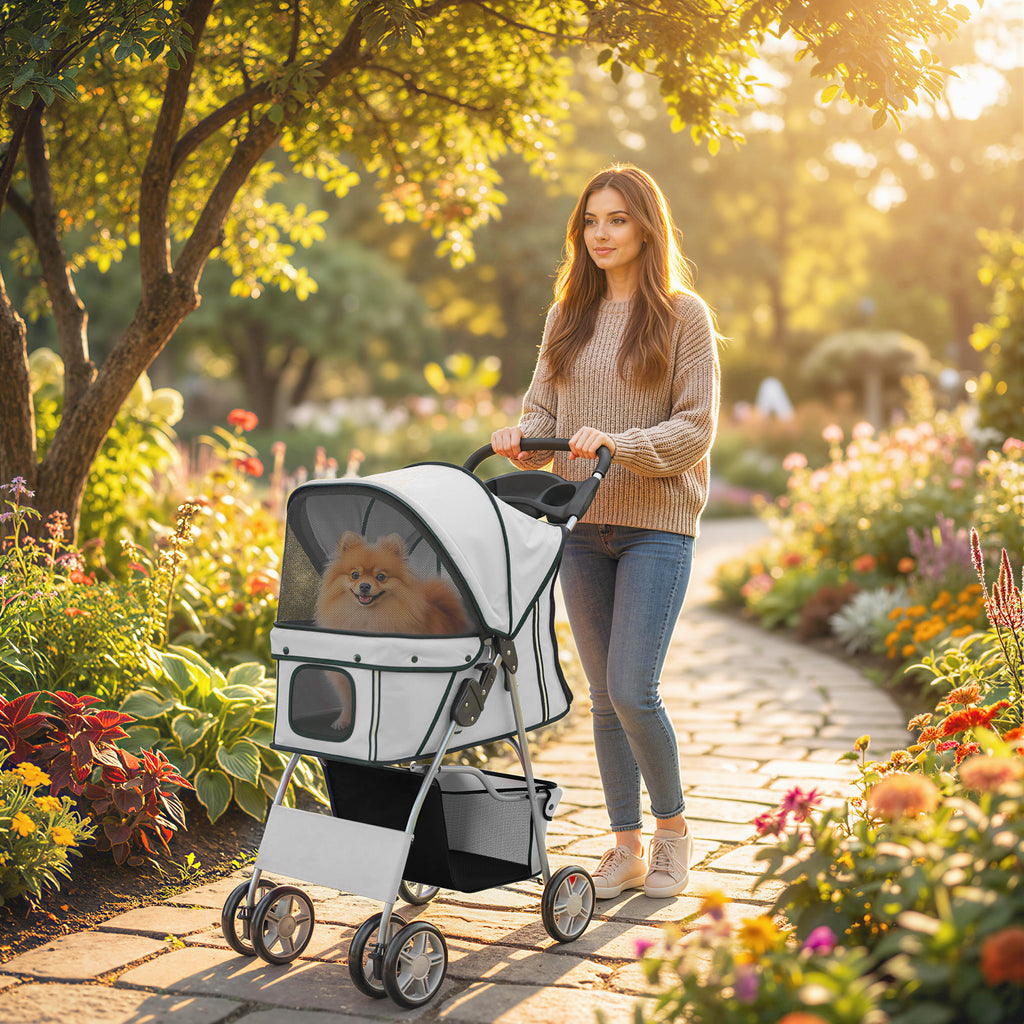 PawHut Folding Dog Stroller with Reflectors, Swivel Wheels, Brakes, and Washable Cushion, Grey
