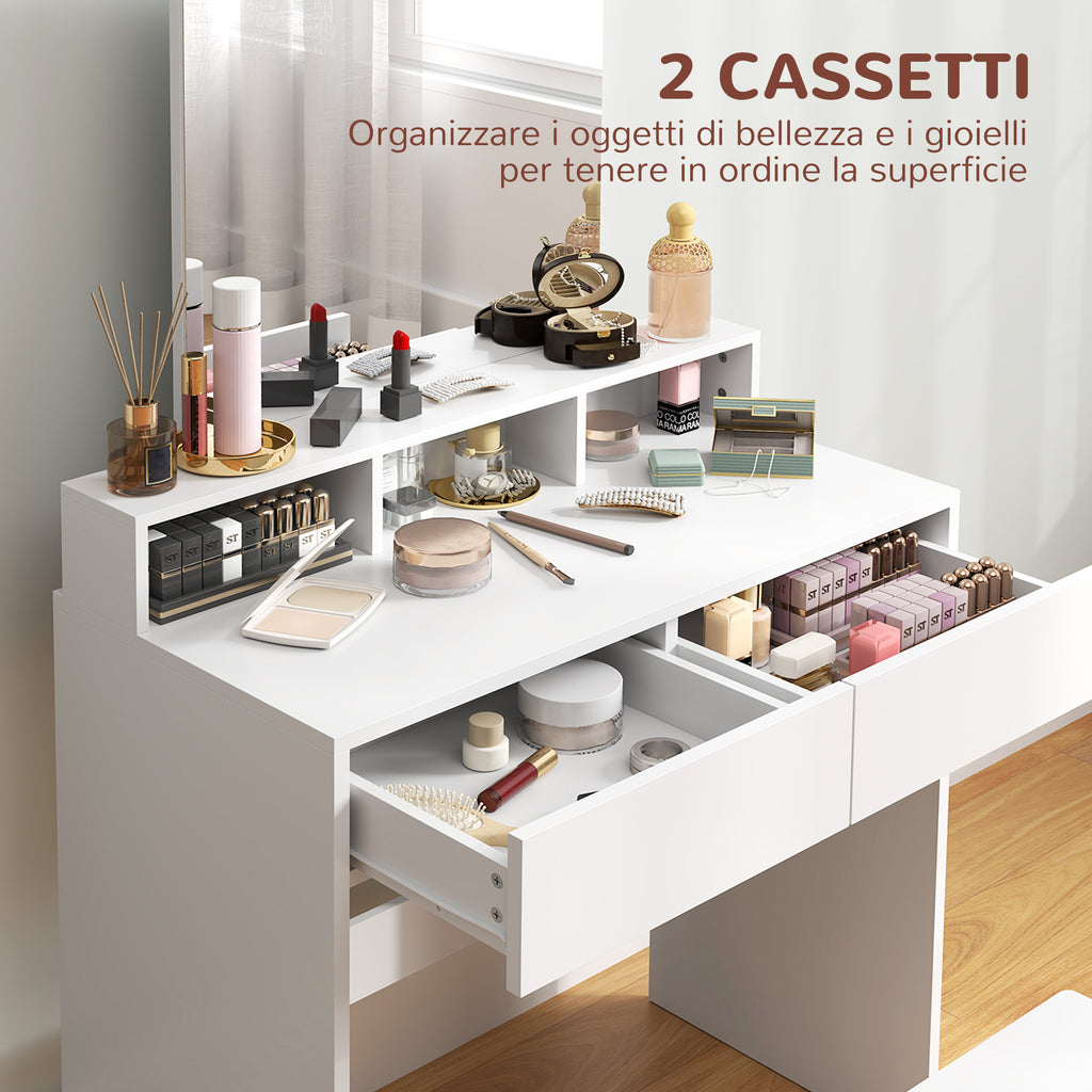 Makeup Table with Mirror, 3 Shelves, 2 Drawers and Stool, in Wood, 75x38x135 cm, White