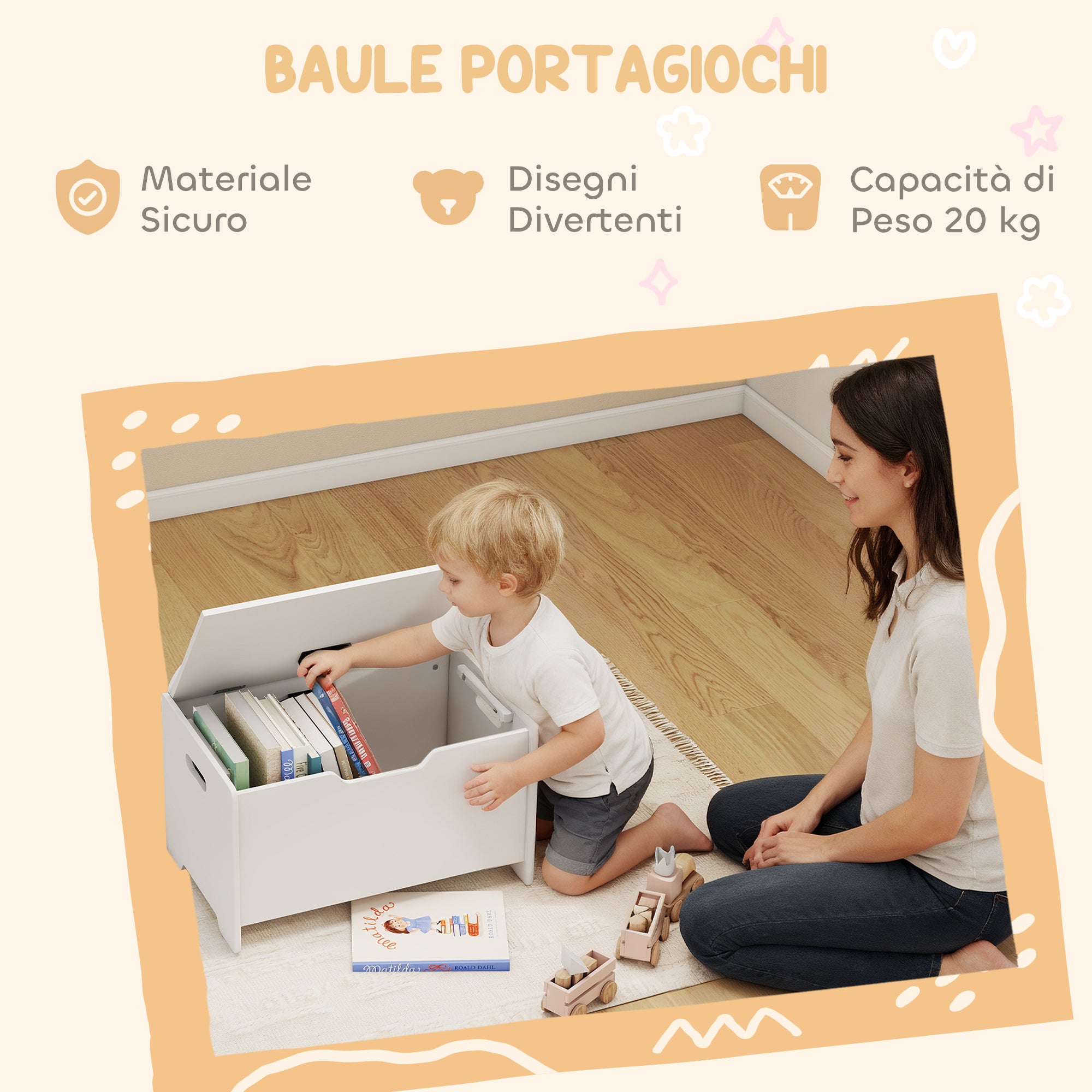Bear-Shaped Wooden Toy Storage Chest with 20kg Capacity, 60x38x48cm, White
