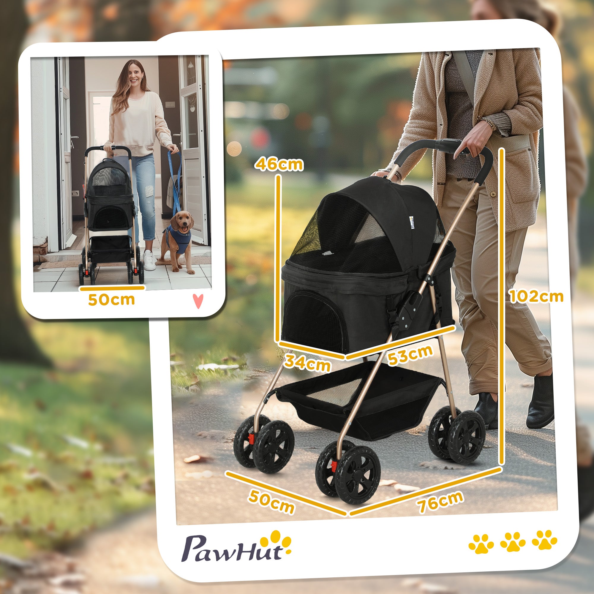 3 in 1 Foldable Dog Stroller with Carrying Bag and Bottom Basket, Black