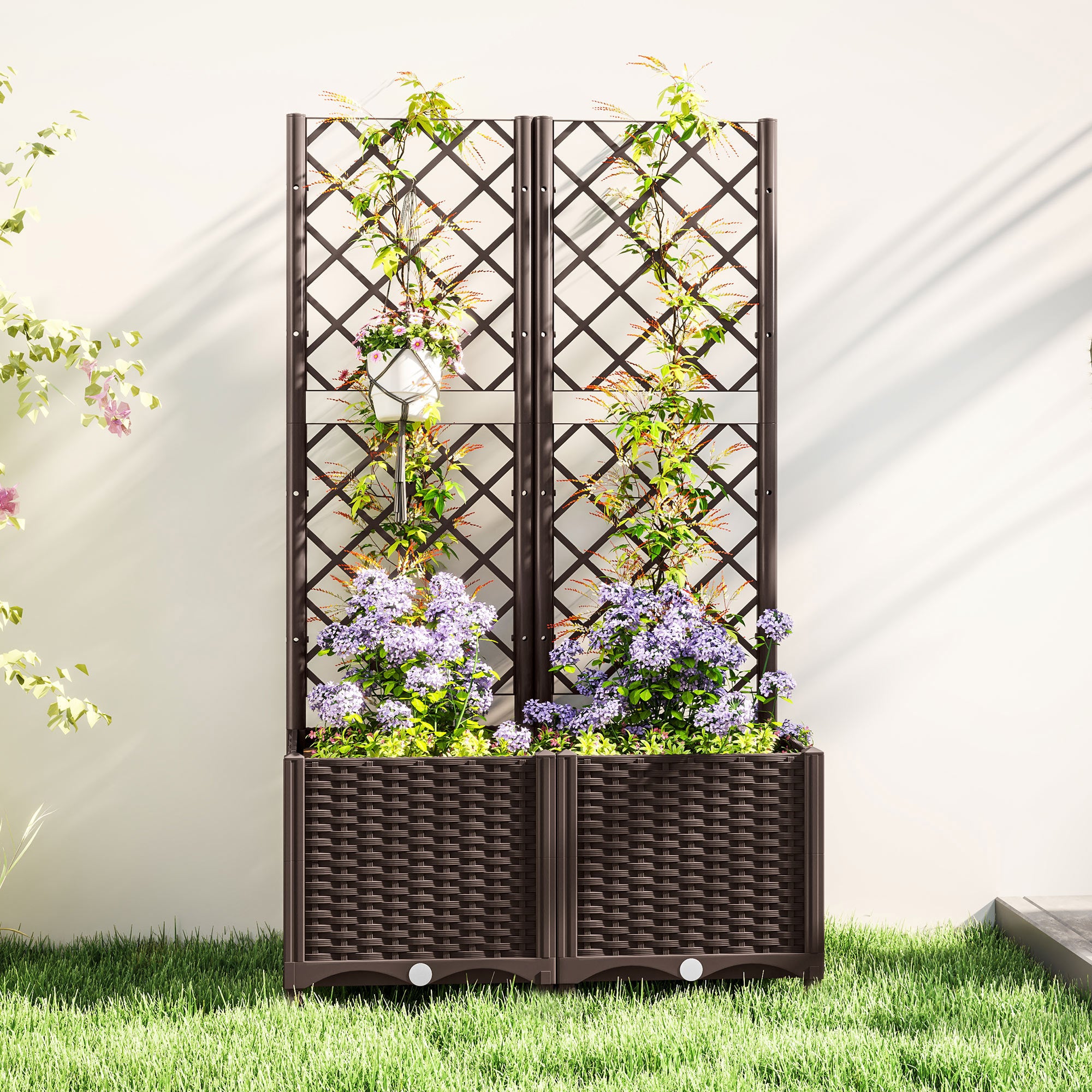 Raised Planter with Trellis for Climbing and 8 Drainage Holes in PP, 80x40x135 cm, Brown