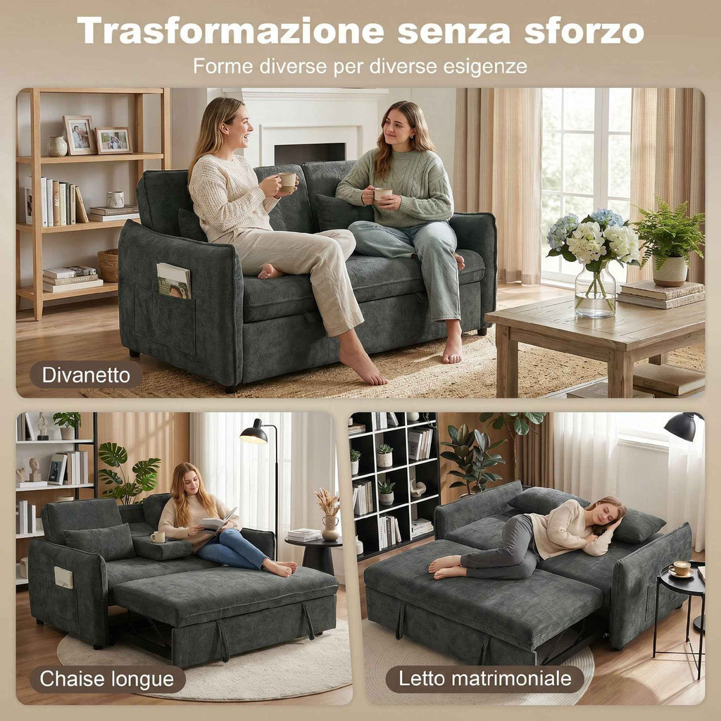 HOMCOM 3-in-1 2-Seater Sofa Bed with 3-Position Adjustable Backrest and 2 Cushions, Chenille, Dark Grey