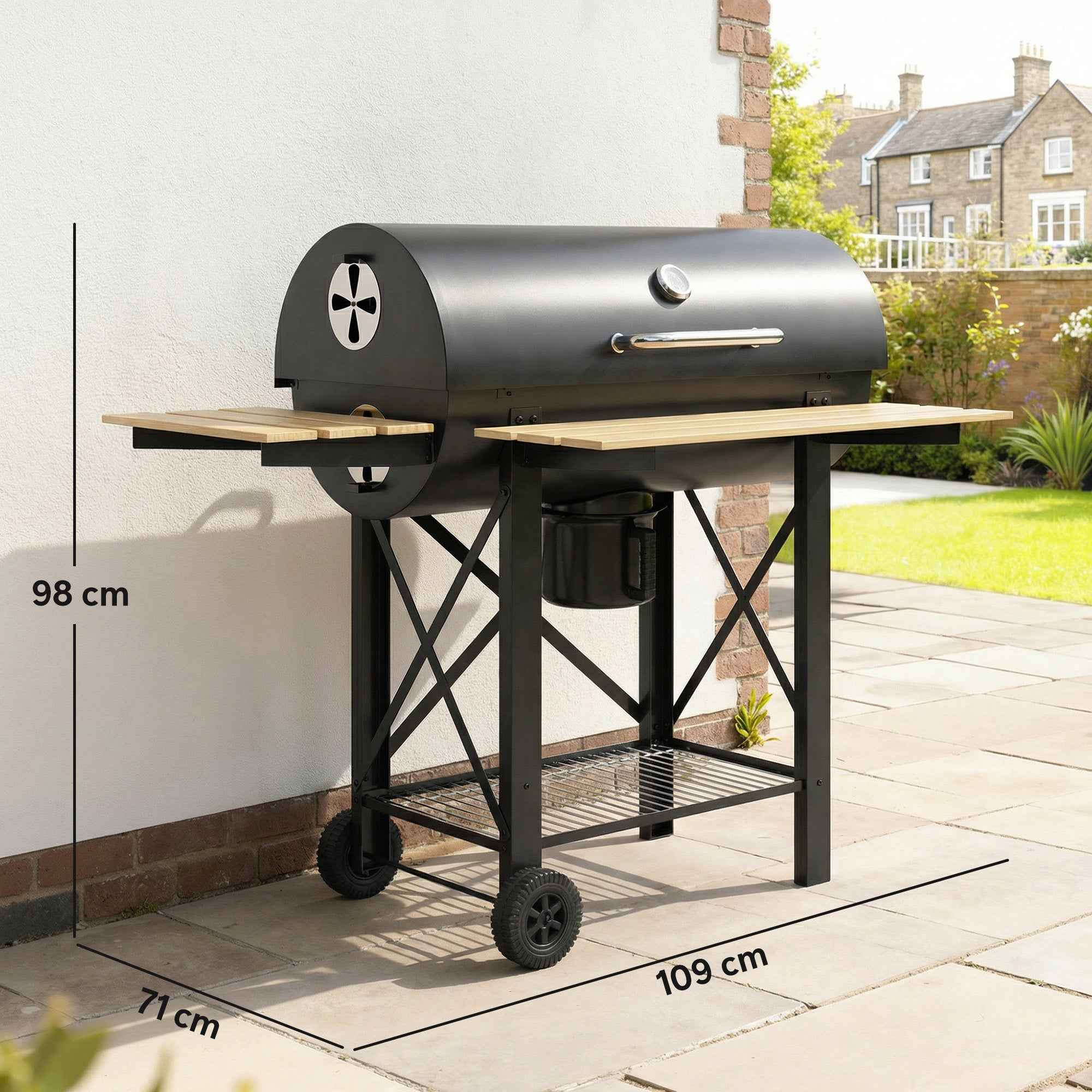 Outsunny Charcoal Barbecue, Mobile Grill with Folding Shelves and Thermometer