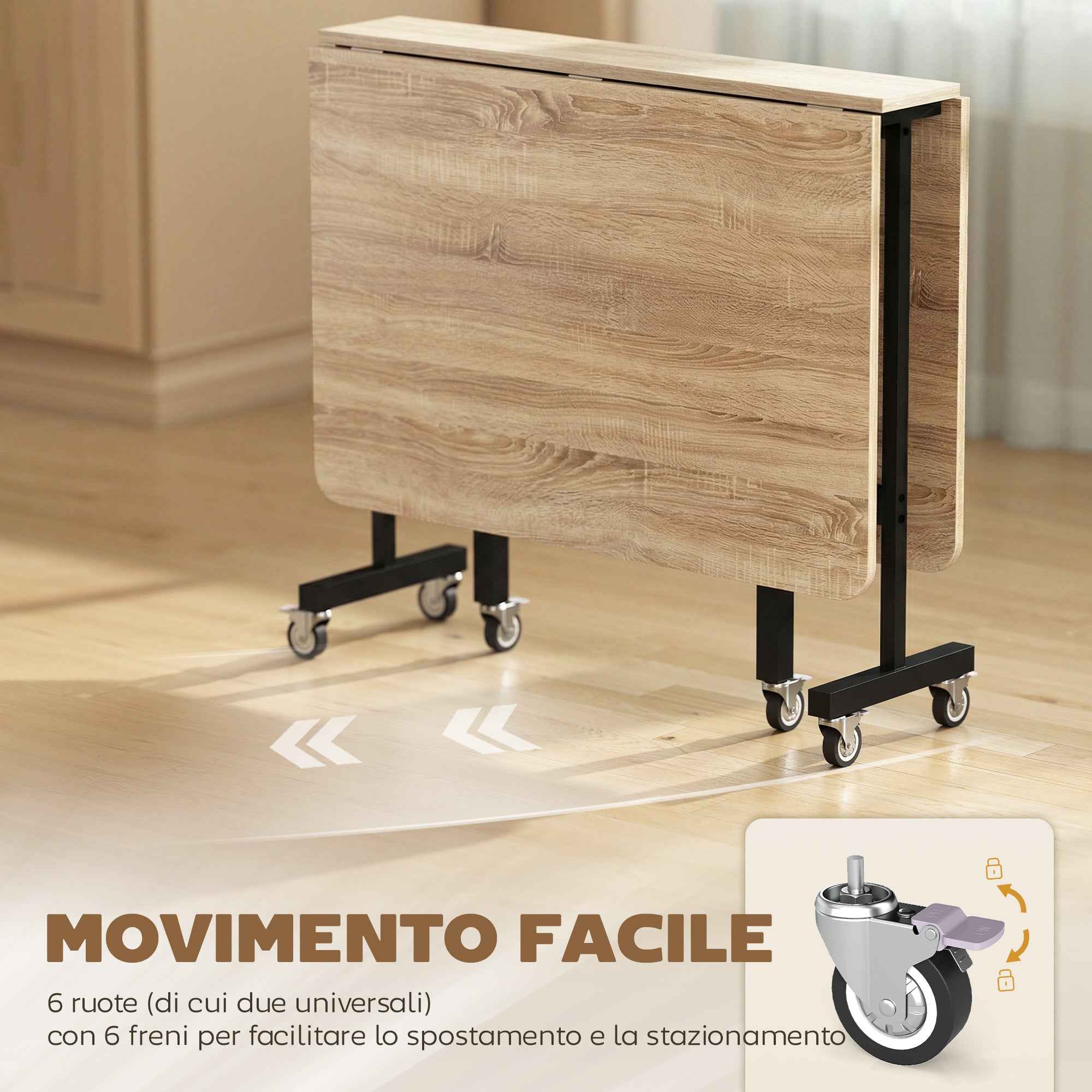 HOMCOM Folding Table for 4-6 People with 2 Drop-Leafs and Wheels with Brakes, 120x80x73 cm, Oak