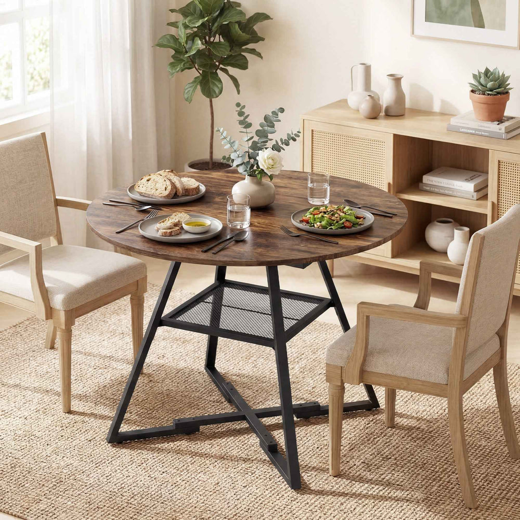 4-Seater Dining Table, 100cm Round, Industrial Kitchen, Storage Shelf, Rustic Brown.