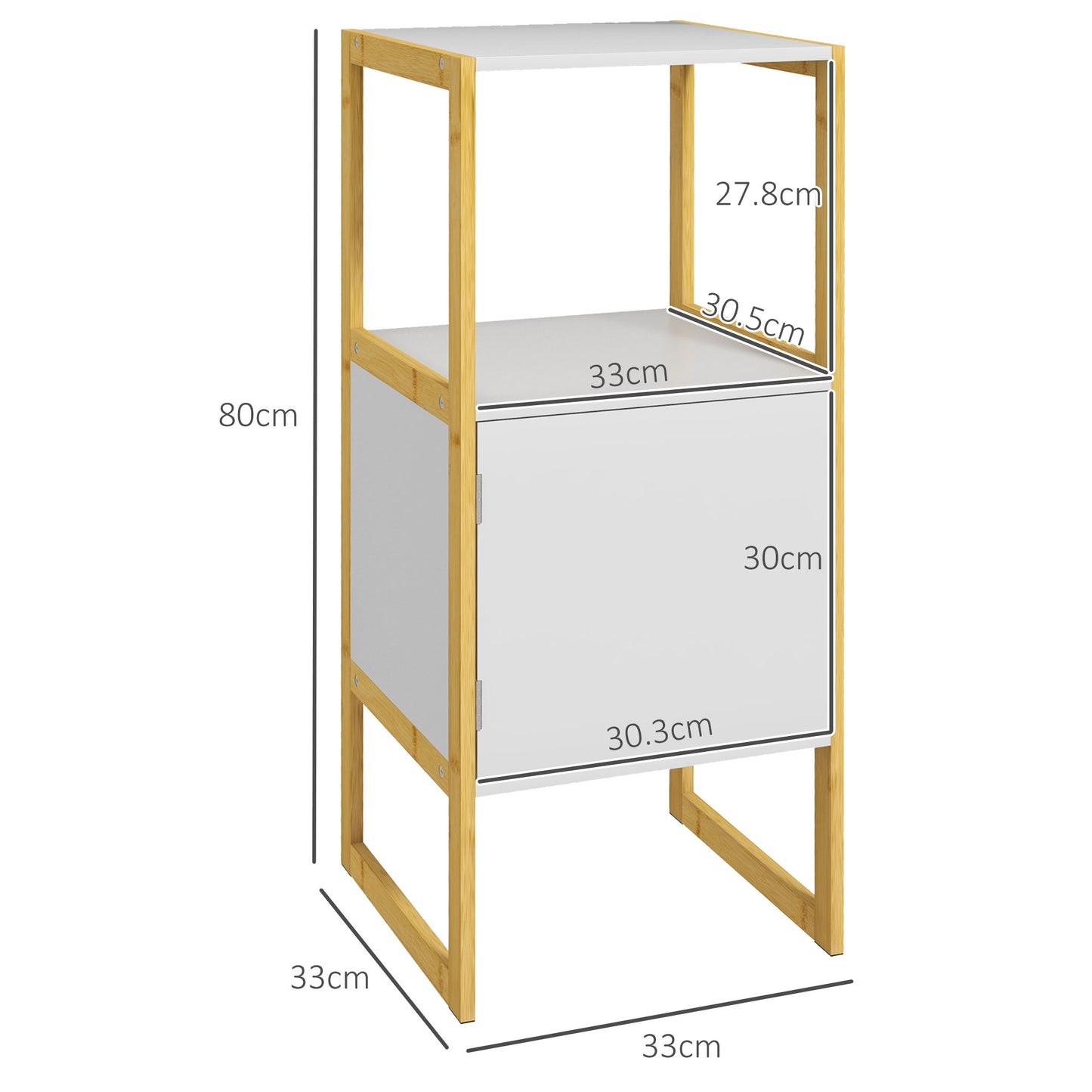 Bathroom Cabinet with Open Shelf and Door with Pressure Opening in Bamboo and MDF, 33x33x80cm, White