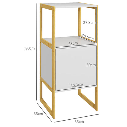 Bathroom Cabinet with Open Shelf and Door with Pressure Opening in Bamboo and MDF, 33x33x80cm, White