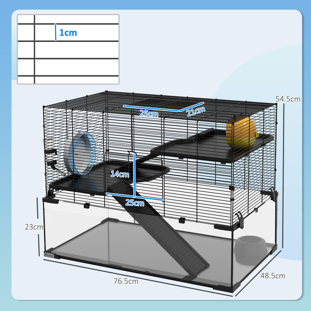 3-Tier Hamster Cage with Tempered Glass Base, Wheel and Accessories, 76.5 x 48.5 x 54.5 cm, Black